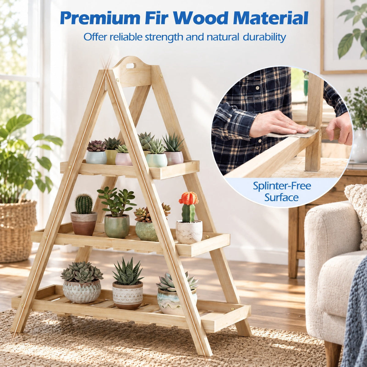 Airfind 3-Tier Plant Stand Flower Pot Display Shelf, Shelf 11 lbs Total Capacity, Fir Wood Frame, 23 x 10 x 28.5 Footprint, Natural