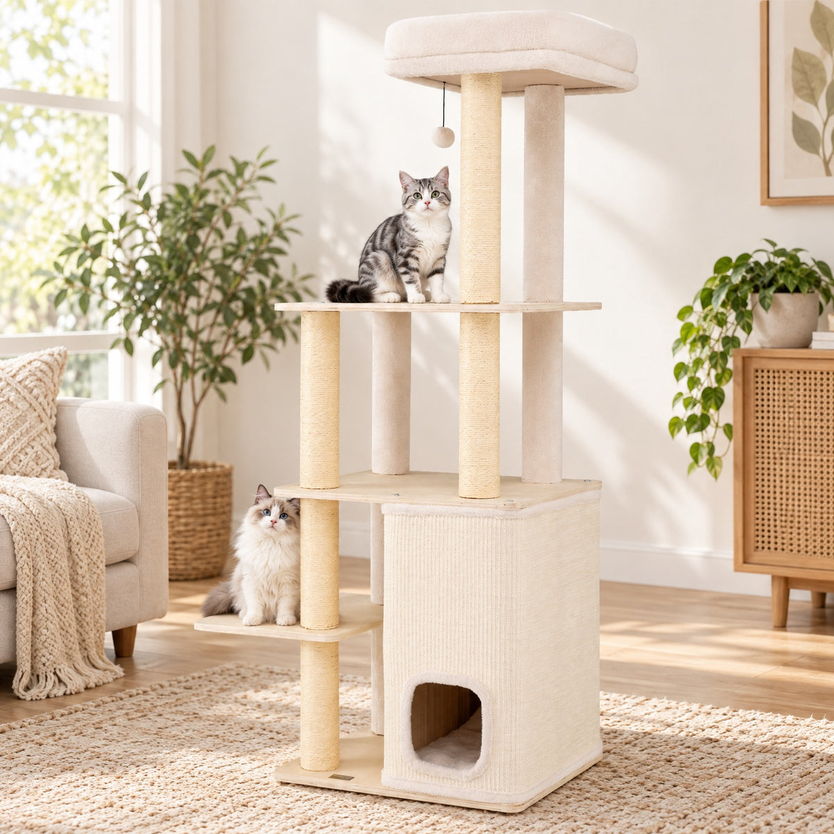 Airfind 63 Inch Tall Wooden Cat Tree with 2-Story Condo and Plush Padded Top Perch, 44 lbs Capacity, 23in x 19in x 63in Condo Footprint, Natural