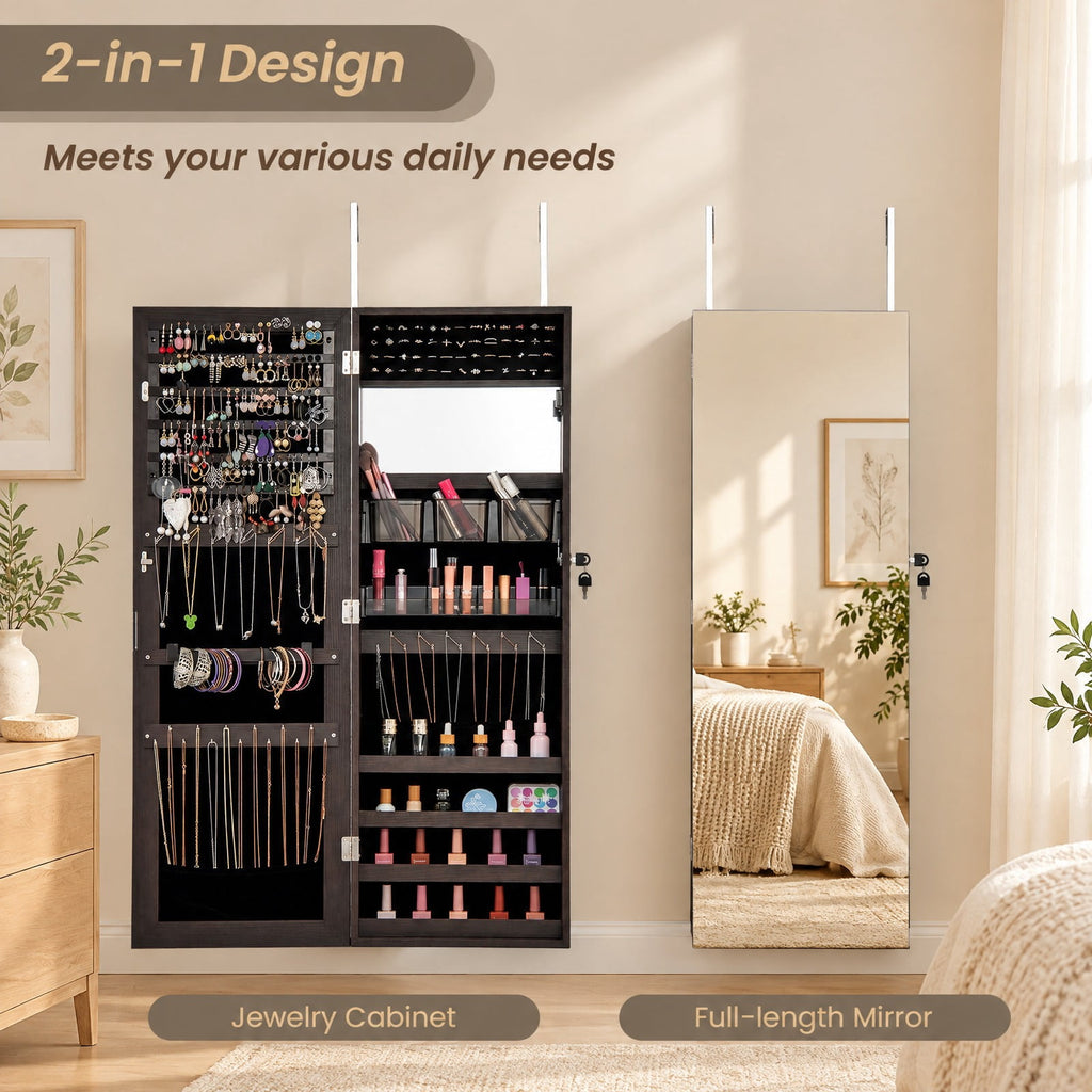 Airfind 43.5 Inch Jewelry Mirror Cabinet with Full-length Mirror and Adjustable Hangers, MDF Frame, Dark Brown