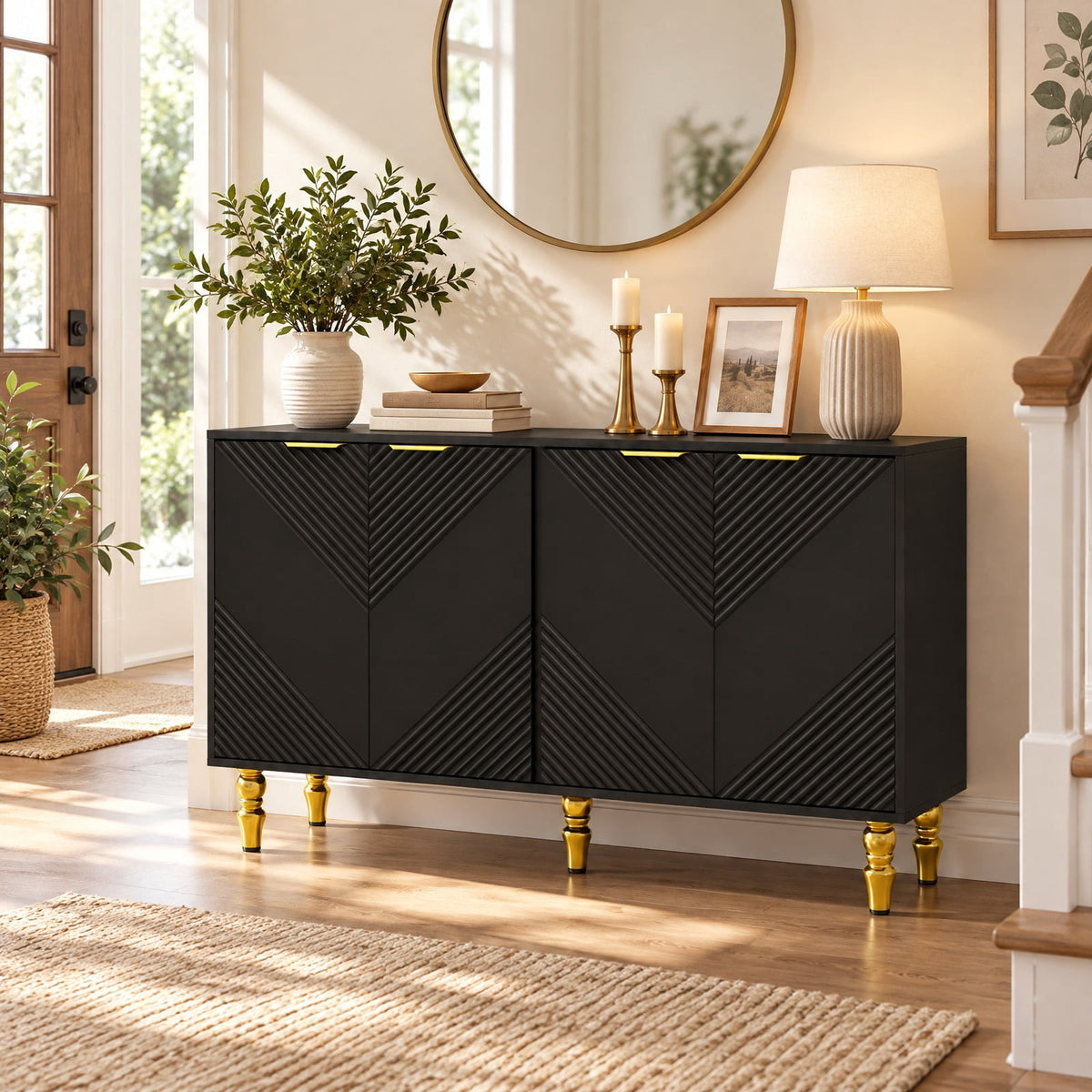 Airfind 47 Sideboard Buffet Cabinet with 4 Chevron Fluted Doors Anti-Toppling Devices for Kitchen, Black