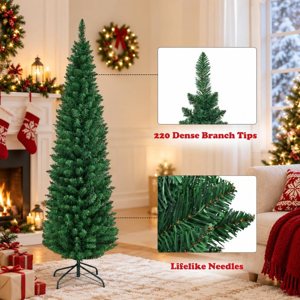 Airfind PVC Artificial Slim Pencil Christmas Tree-5 Feet, PVC iron 5 Ft: Frame, 2ft x 5ft Footprint, Green