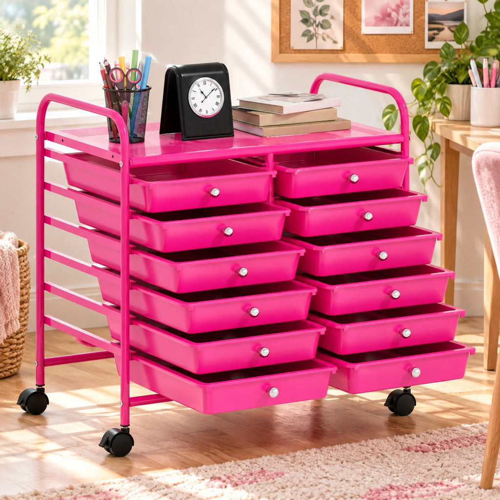 Airfind 12 Drawers Rolling Storage Cart for Home and Office, Steel Frame, 25inx15inx 34in Footprint, Pink