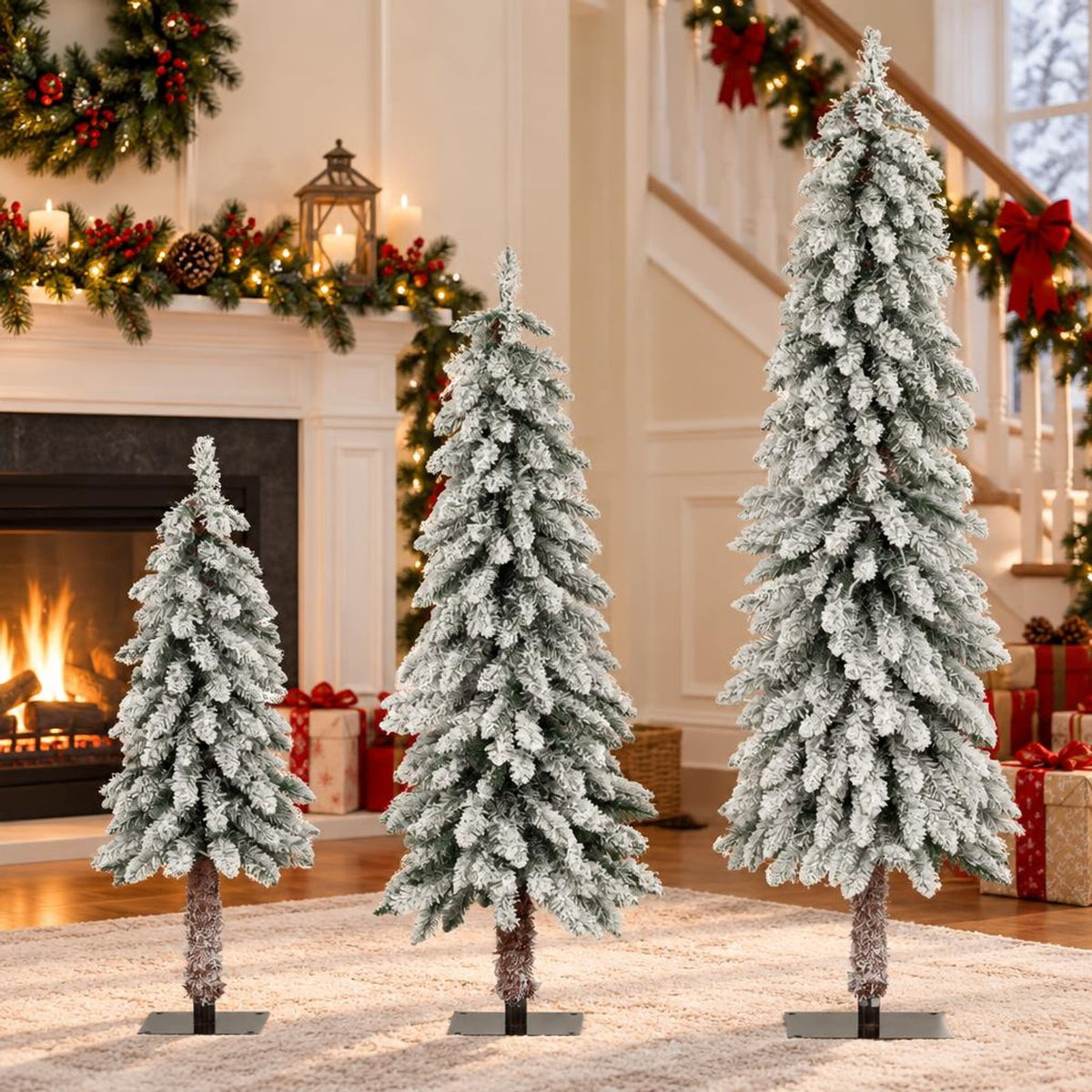 Airfind Artificial Christmas Tree Set of 3 with Snow, PVC Metal Tree Height 3 ft Tree Width 18in Base Frame, Green + White