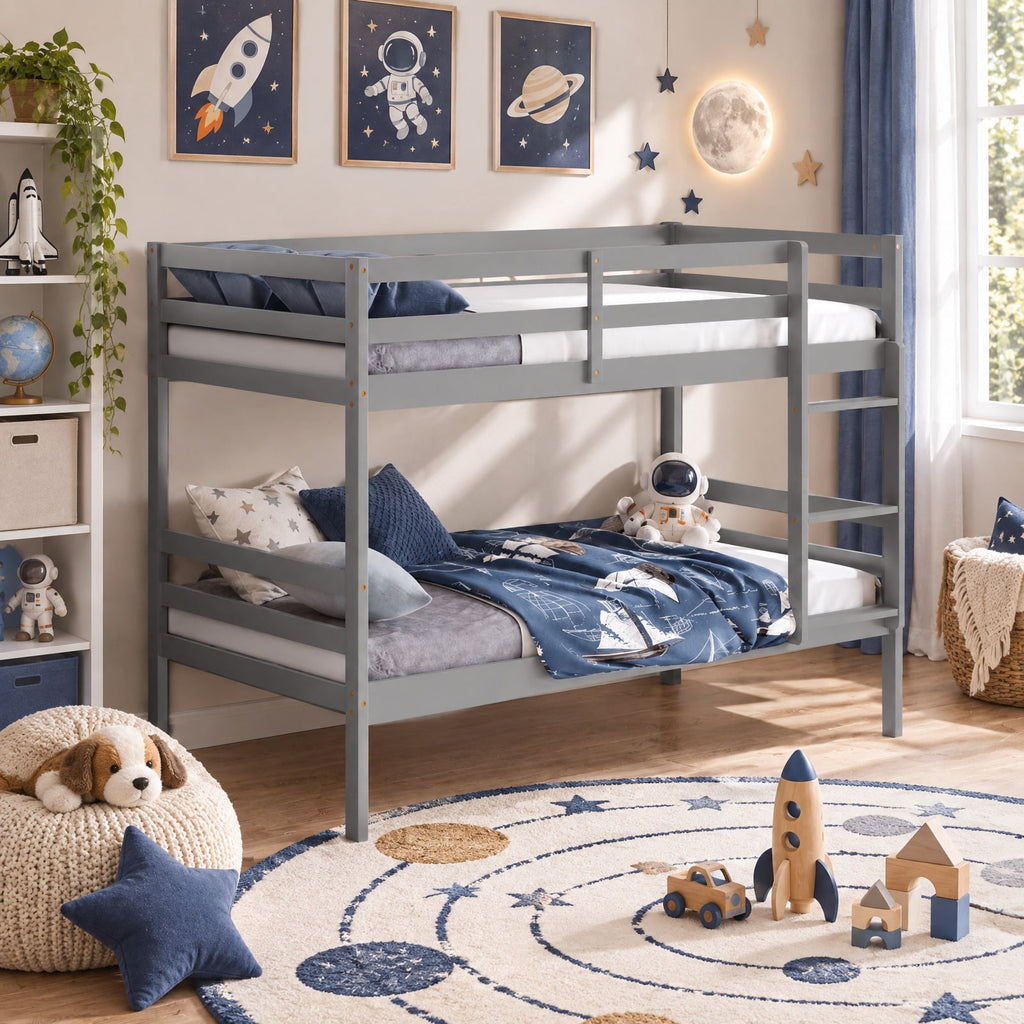 AIRFIND Twin Over Twin Bunk Bed with Pine Wood Frame, Plywood Slats, Inclined Ladder, Guardrails and Wall Brackets, Mattress Not Included, Gray