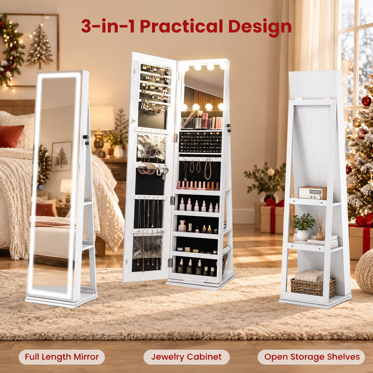 Airfind 360° Swivel Freestanding Jewelry Cabinet with Lighted Full Length Mirror, MDF Frame, White, Open storage shelves for easy reach