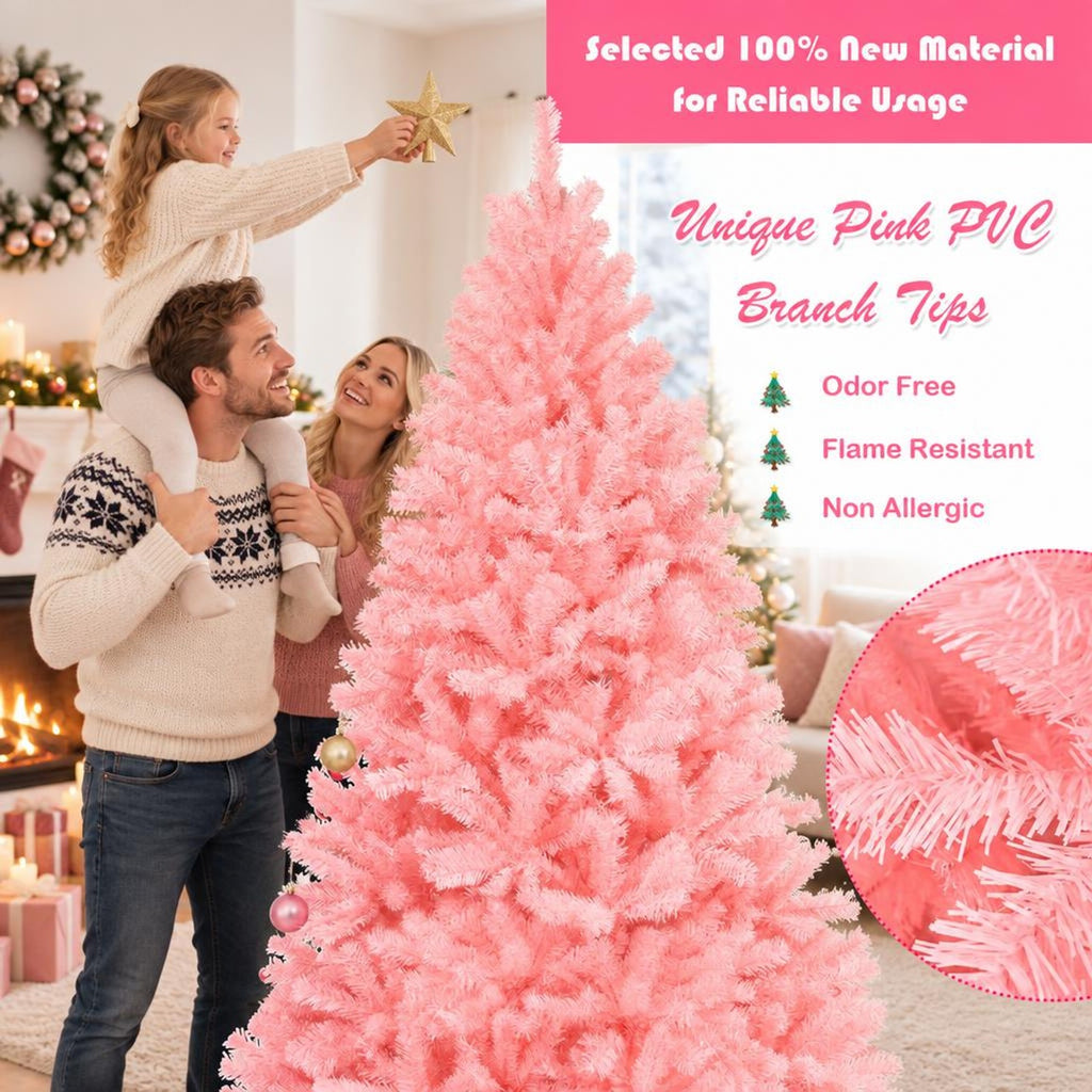Airfind 6 Feet Pink Artificial Hinged Spruce Full Christmas Tree with Foldable Metal Stand, New PVC Frame, Pink
