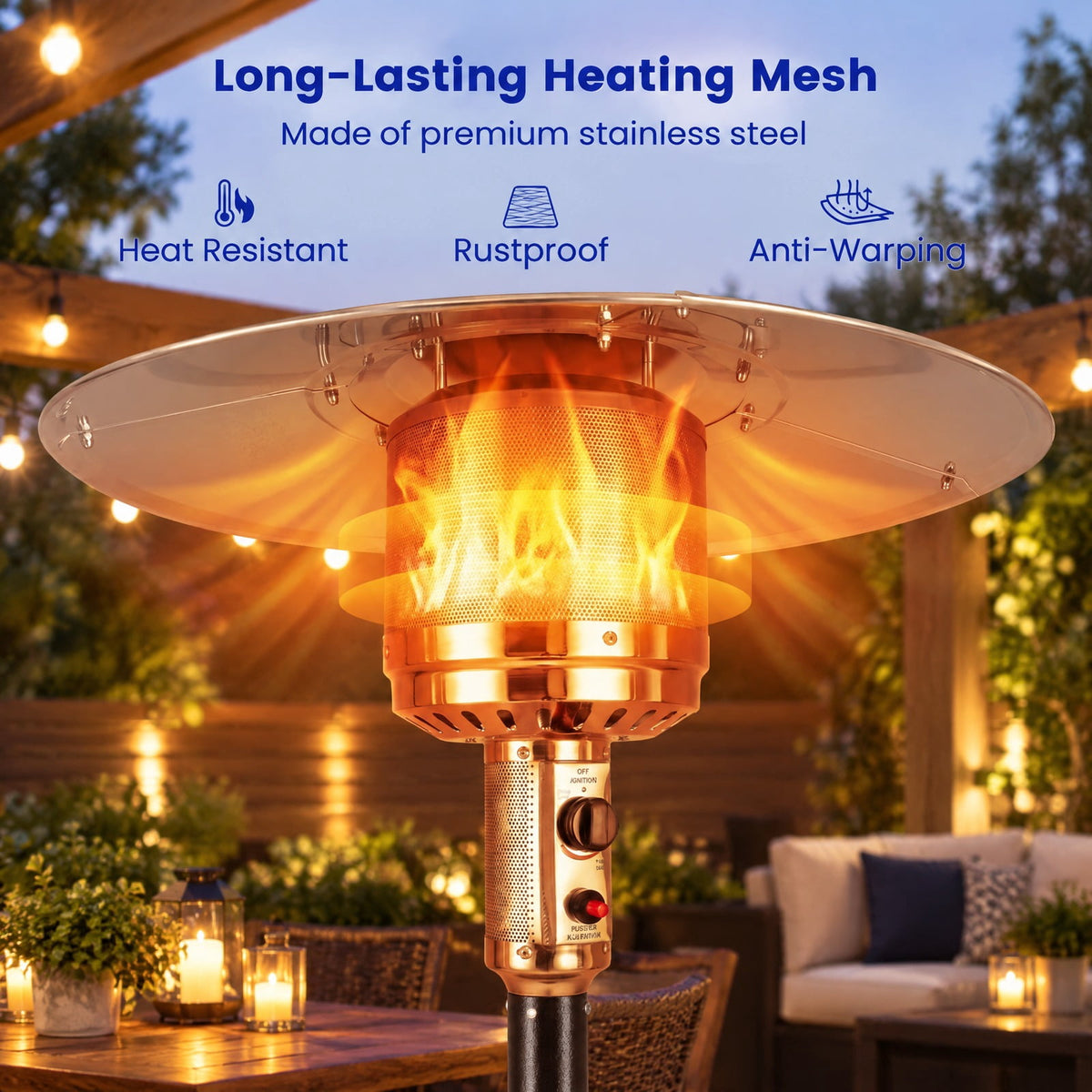 Airfind 50 000 BTU Patio Propane Gas Heater with Stainless Steel Burner, Stainless Steel Metal Aluminum Frame, 32.5in x 86in Footprint, Black