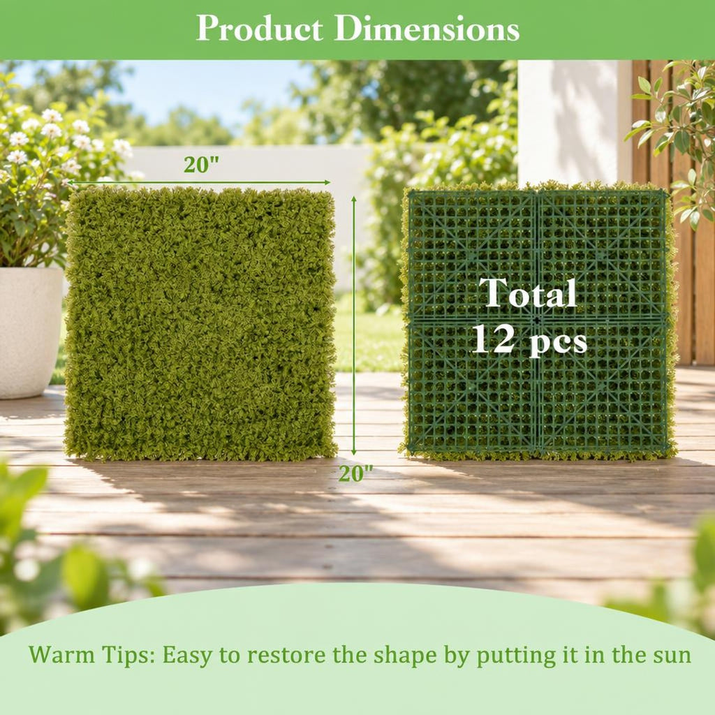 Airfind 12 Pieces 20 x 20 inches Artificial Grass Wall Panels for Garden Yard Balcony, PE Each Frame, Light Green