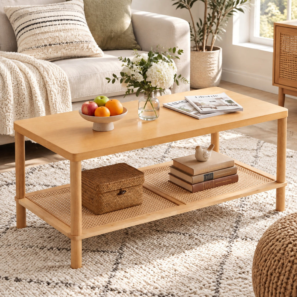 Airfind 2-Tier Boho Coffee Table for Living Room Rectangular Center Table with Rubber Wood Frame and PVC Rattan Storage Shelf, 185 lbs Capacity
