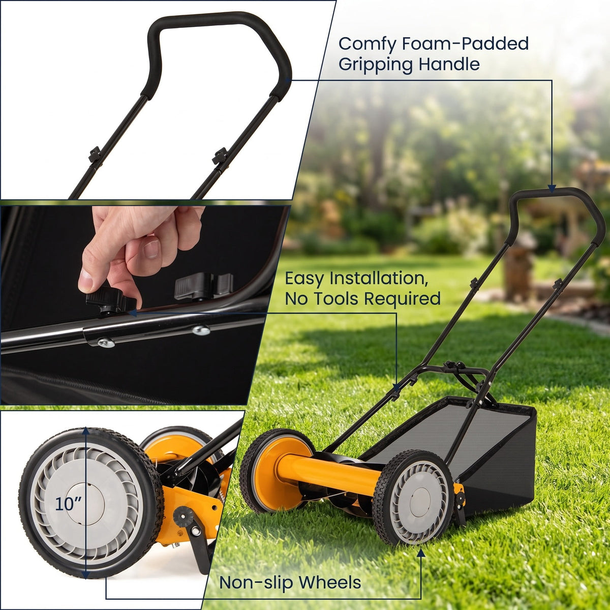 Airfind 16 Inch Push Lawn Mower with 5 Steel Blades and Grass Catcher Bag, Manganese Steel Metal PVC PP Frame, Orange