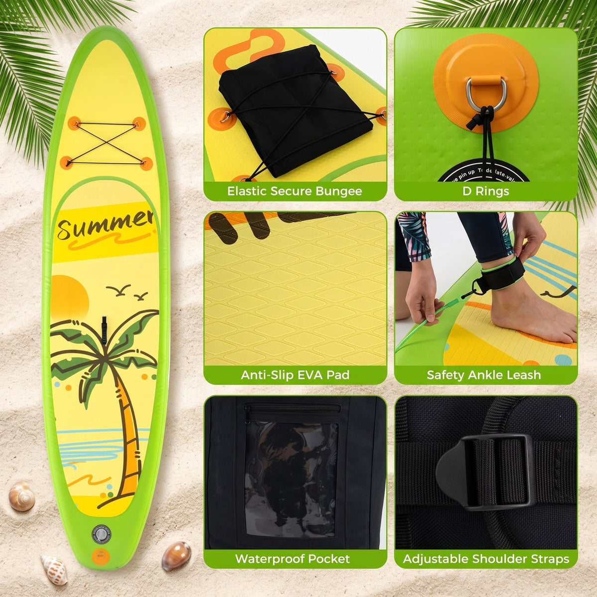 Airfind Inflatable Stand Up Paddle Board with 3 Fins and Telescoping Aluminum Paddle for Adults and All Skill Levels, Green and Yellow
