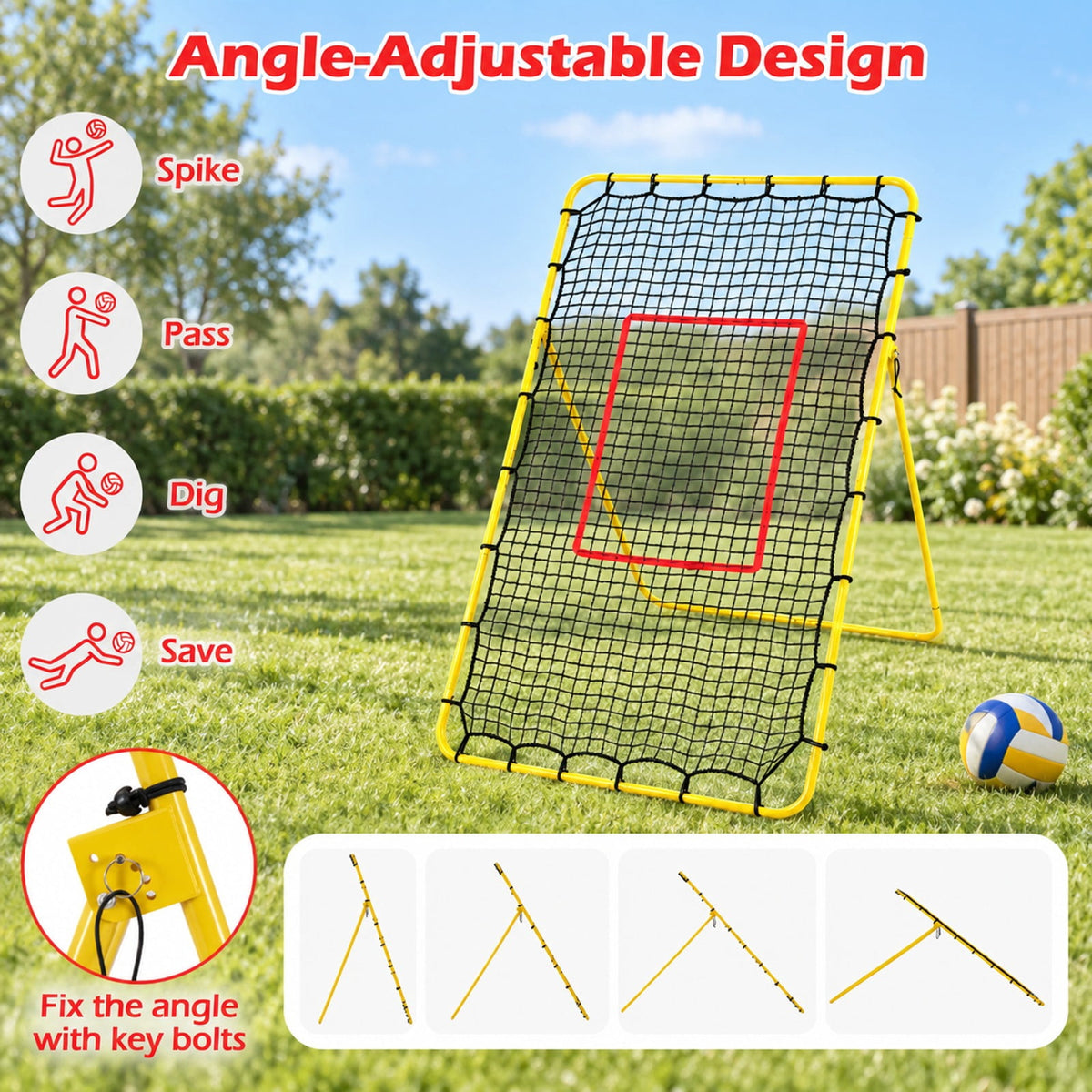 Airfind Volleyball Rebounder Net with 4 Adjustable Angles for Bumping and Spiking, Yellow + Red + BlackMaterial Metal PE PP Polyester FabricProduct