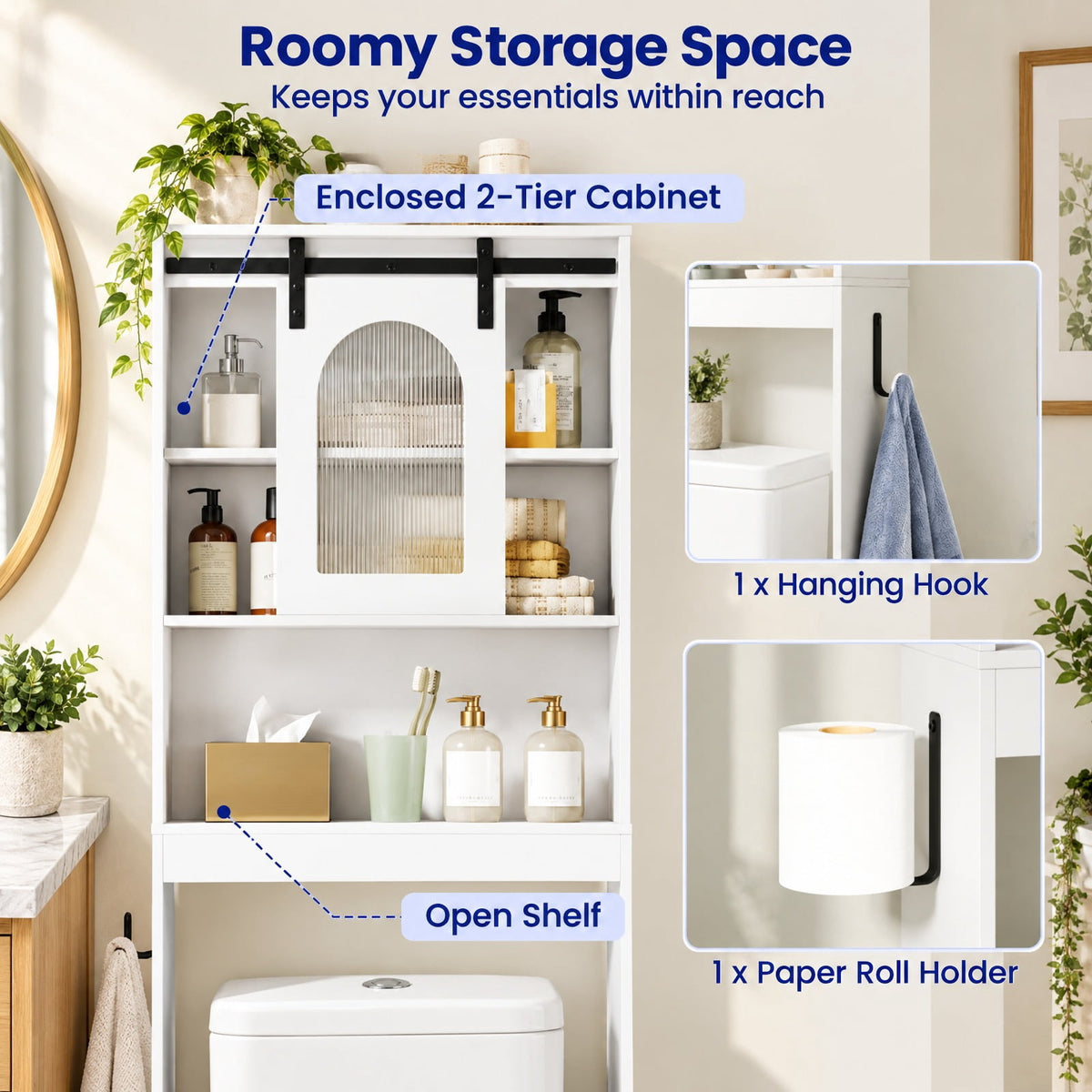 Airfind Over Toilet Storage Cabinet with Sliding Barn Door and Open Shelves for Bathroom, 44 lbs Capacity, Engineered Wood Frame, White