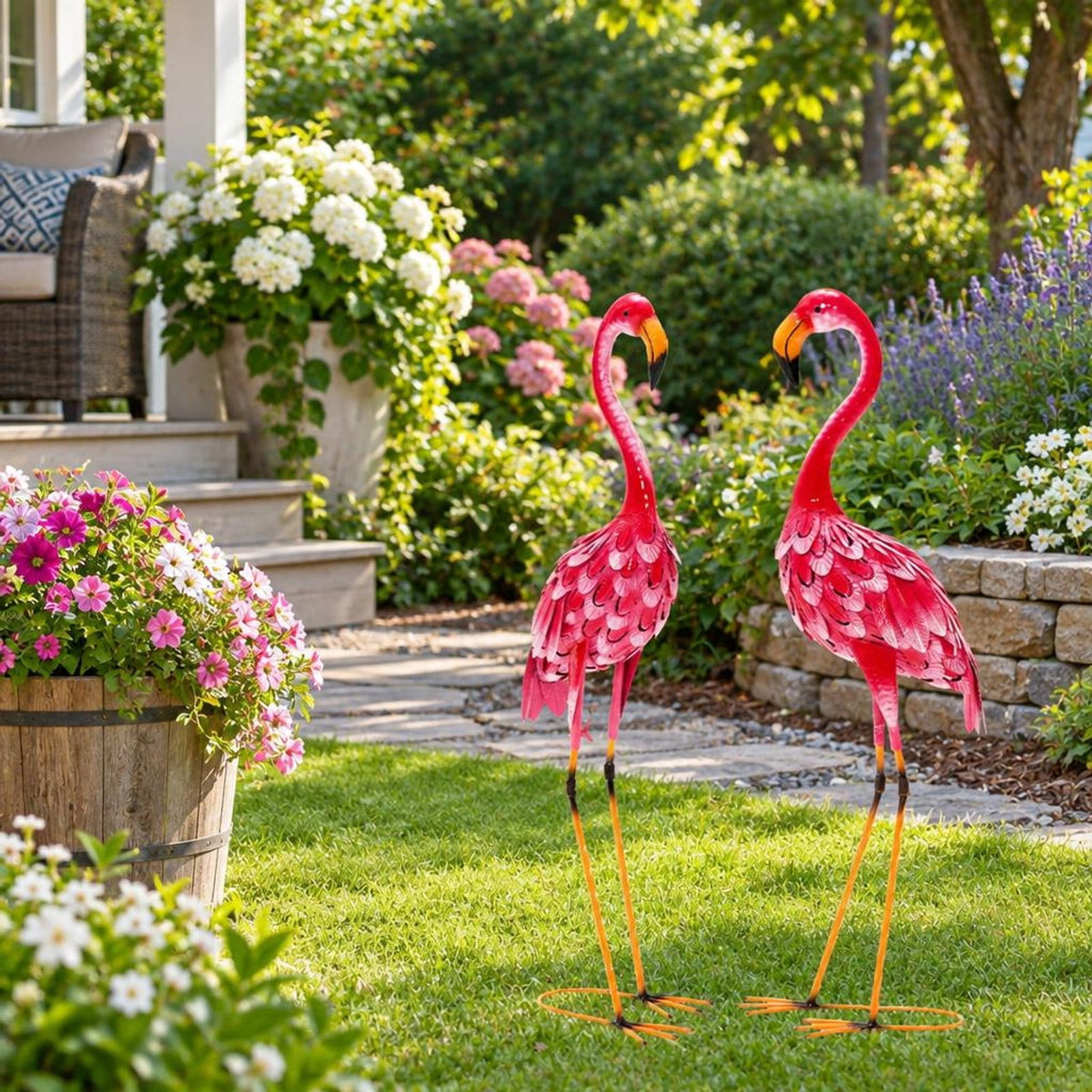Airfind 2-Piece Flamingo Garden Statue Set, Metal Frame, 7.9 x 10.6 x 35 Footprint, 2 standing lawn sculptures in total