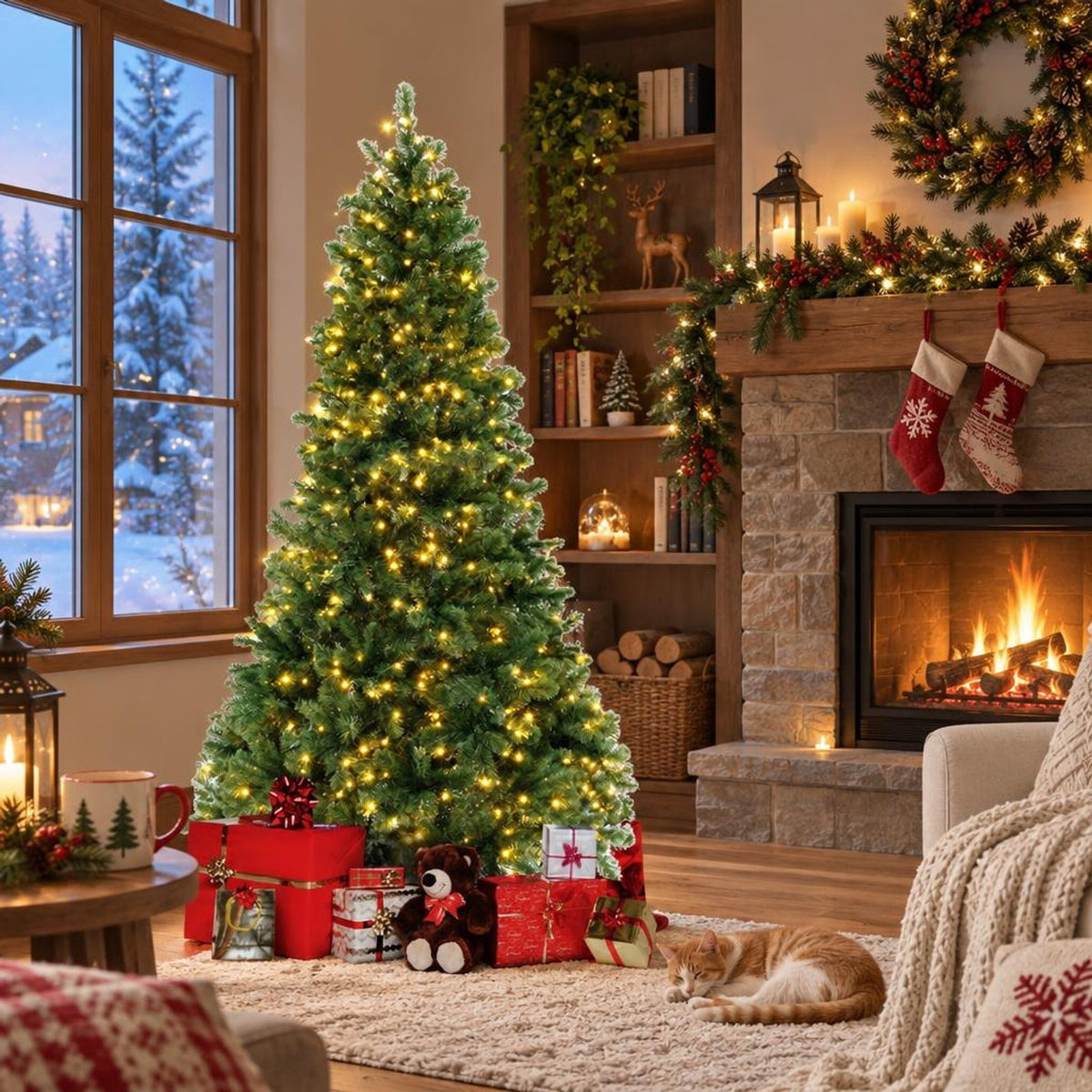 Airfind 6/7/8 Feet Hinged Christmas Tree with PVC Branch Tips Warm White LED Lights-7 ft, PVC Metal Frame, White