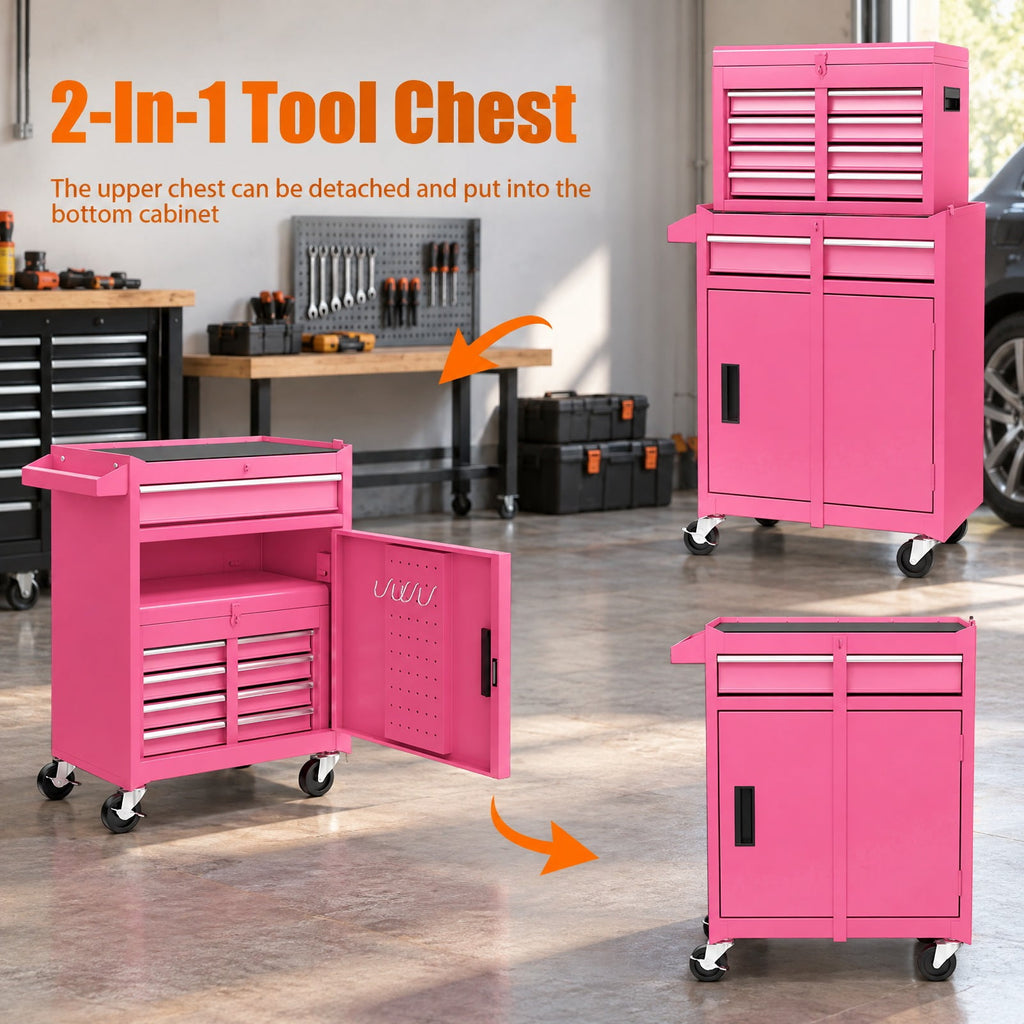 Airfind 2-in-1 Rolling Tool Chest with 5 Sliding Lockable Drawers, 220.5 lbs Capacity, Steel rubber-plastic synthetic Frame, Pink Main