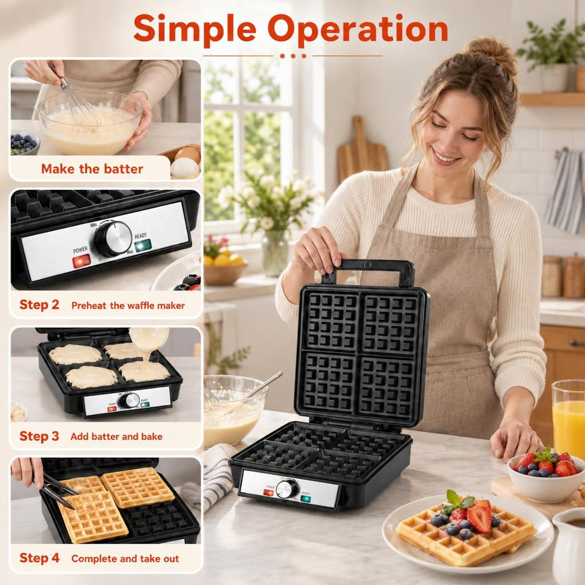 Airfind Belgian Waffle Maker 4-Slice 1200W with Browning Knob and Nonstick Plates-Black and Silver, Aluminum Frame, 12.5in x 9.5in x 4.5in Footprint