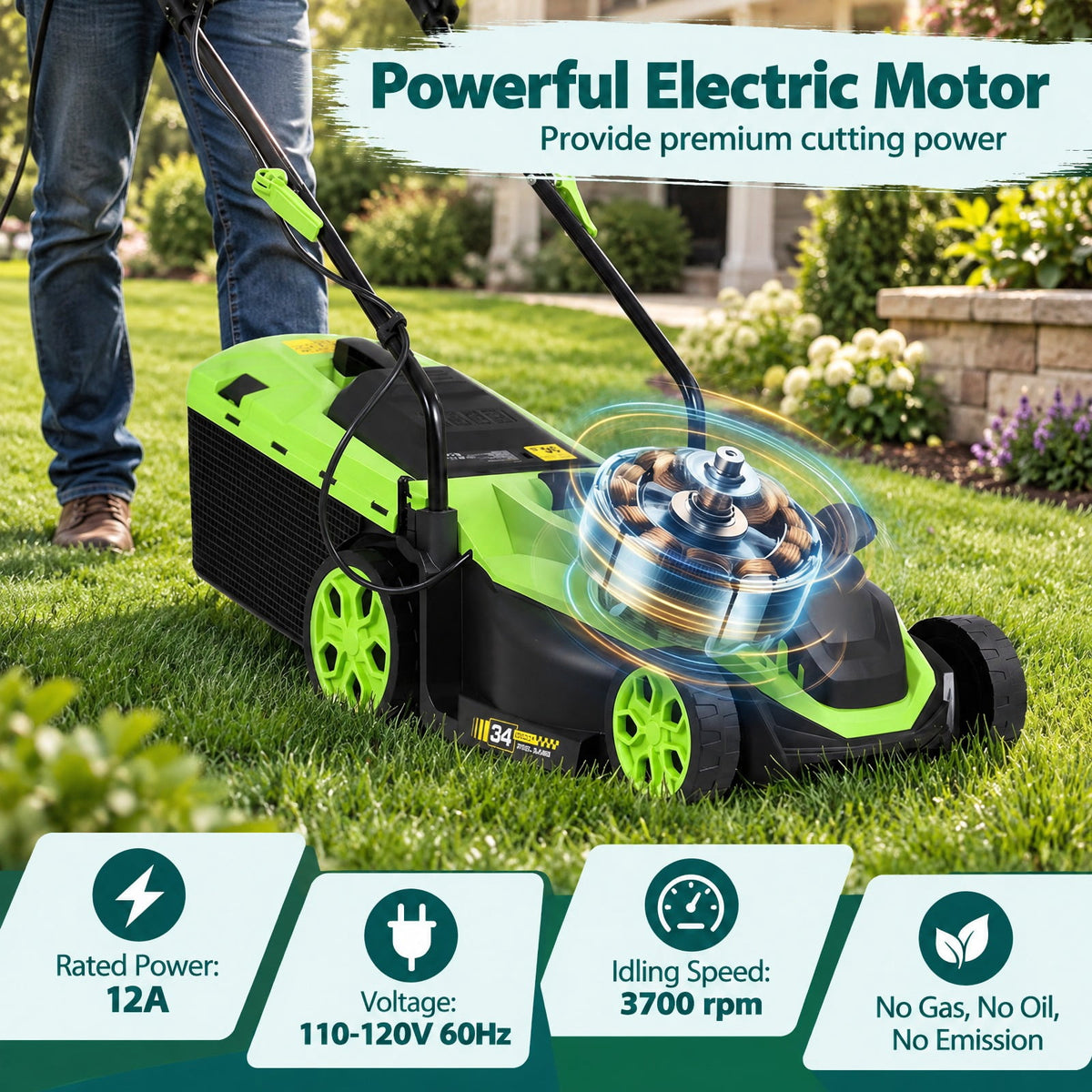 Airfind 14-Inch 12-Amp Corded Electric Lawn Mower w/ 5-Position Height Adjustment, Metal Frame, 44-45.5 x 14 x 38.5-39.5 Footprint, Green