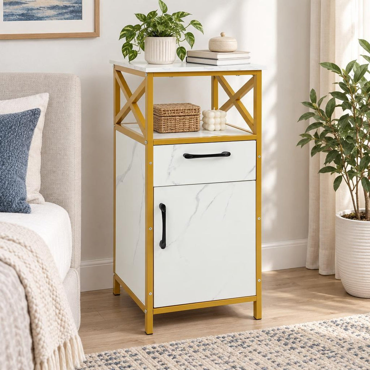 Airfind Bathroom Storage Cabinet with Drawer Single Door and Open Shelf, 44 lbs Capacity, Engineered Wood Metal Frame, 14in x 12in x 31in Footprint