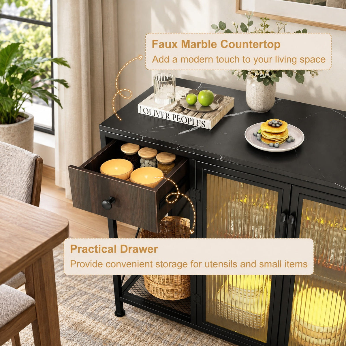 Airfind Buffet Sideboard with Doors, Power Outlets and LED Light, 110 lbs Capacity, Engineered Wood Cabinet for Dining Room, Black