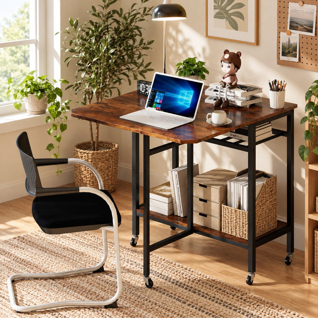 Airfind Folding Dining Table with Expandable Laptop with Wine Rack and Wheels, 66 lbs Capacity, Engineered Wood Metal Frame, Brown