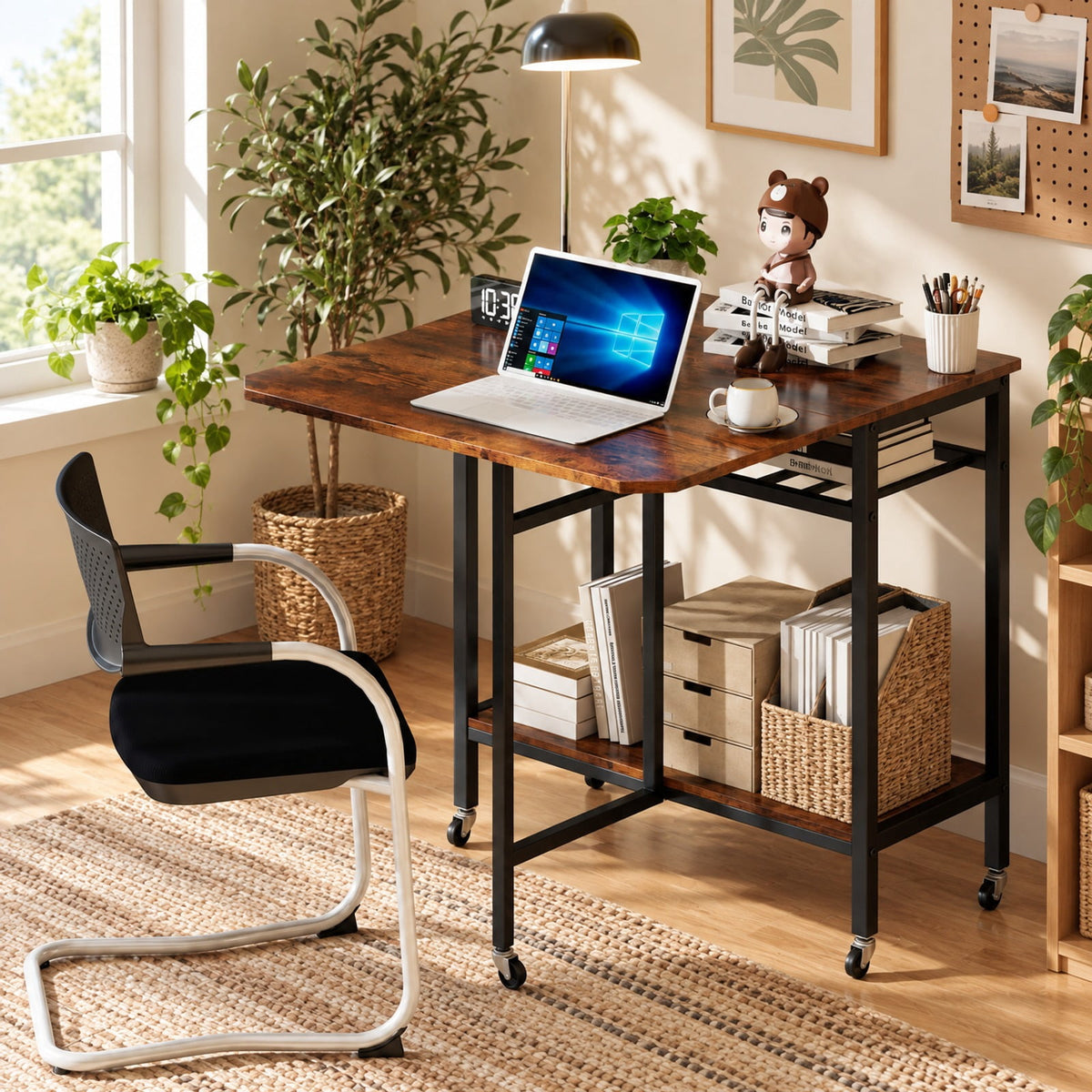 Airfind Folding Dining Table with Expandable Laptop with Wine Rack and Wheels, 66 lbs Capacity, Engineered Wood Metal Frame, Brown