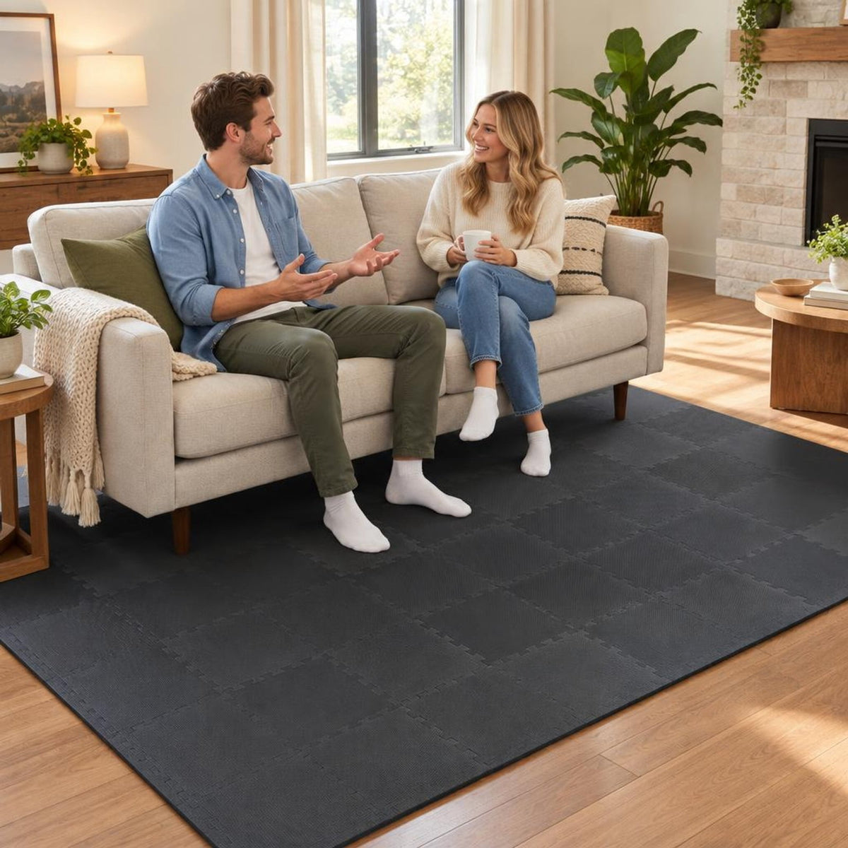 Airfind 18 Pack Interlocking EVA Foam Floor Tiles with Boarders, EVA Foam Frame, 72 Inch x 37 Inch x 0.4 Inch Footprint, Black