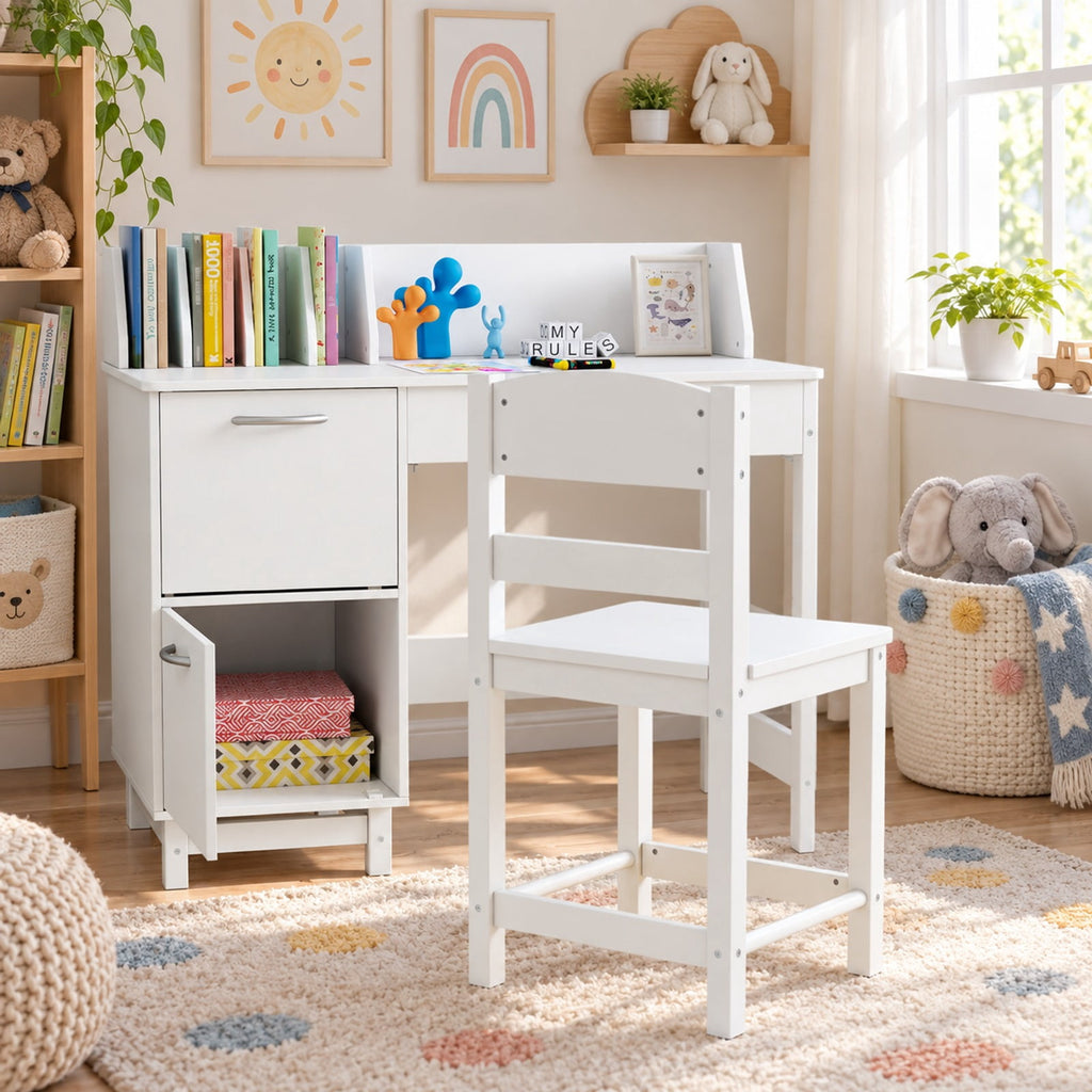 Airfind Wooden Kids Study Desk and Chair Set Student Workstation, 110 lbs Capacity, MDF Solid Wood Frame, for 3+, 35.5 x 18 x 32 Footprint, White