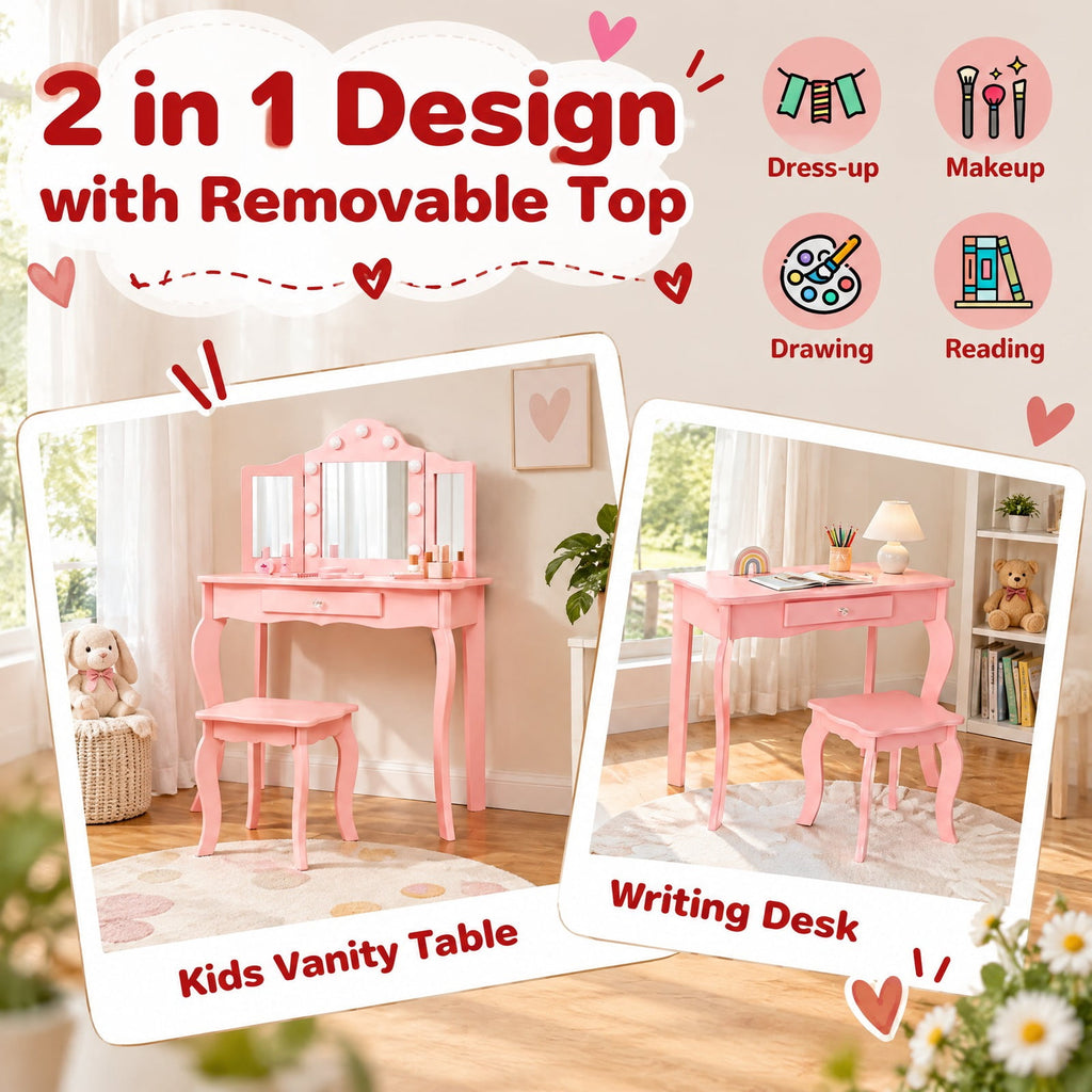 Airfind Kid Vanity Table Stool Set with Tri-Folding Mirror and 3-Color LED Lights, 66 lbs Capacity, P2 MDF Glass Frame, for 3+ Years Old, Pink