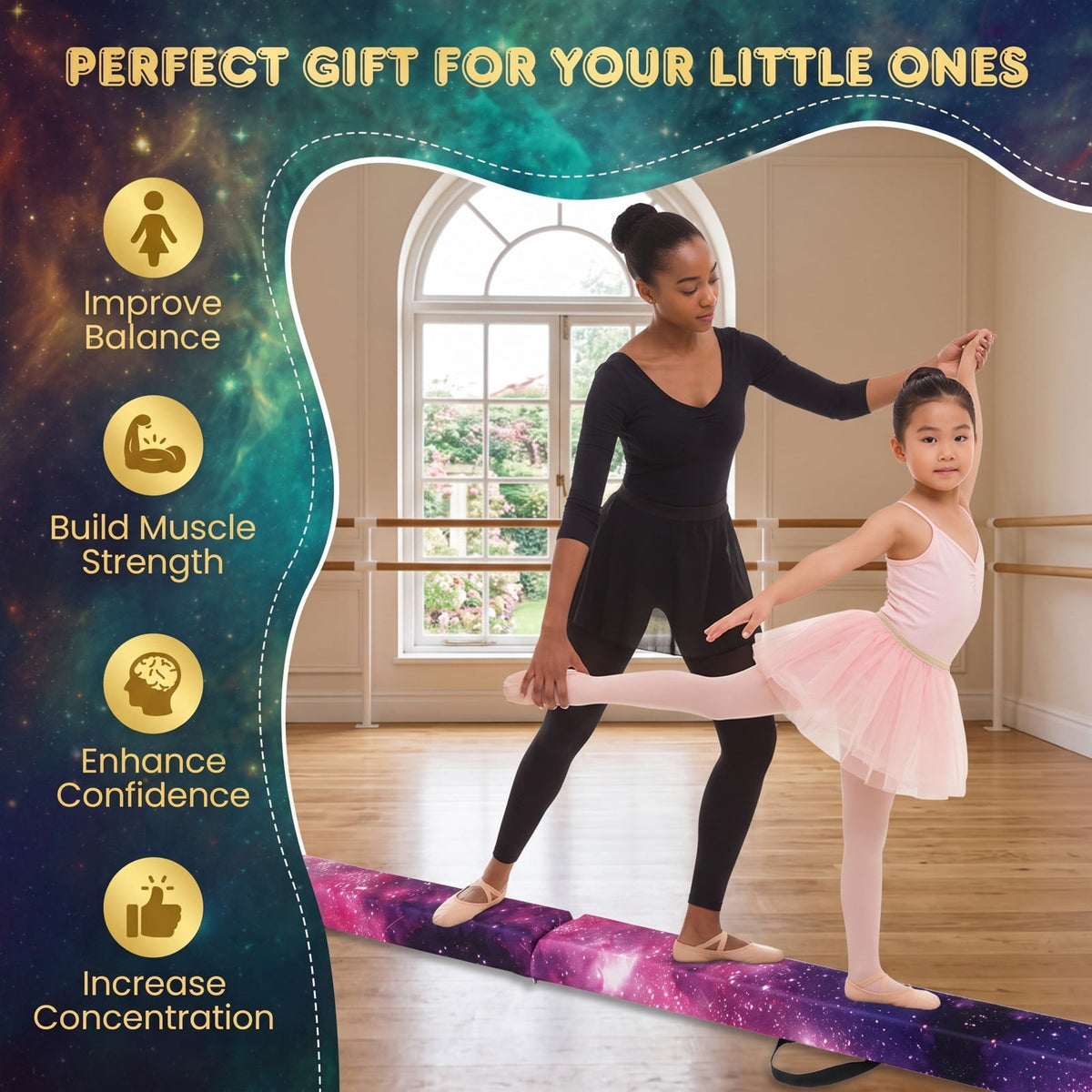 Airfind Folding Balance Beam for Kids with Solid Wood Base and Anti-slip Bottom for Home Gymnastics Training and Practice, Galaxy
