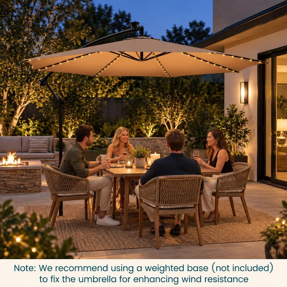 Airfind 10 Feet Patio Offset Umbrella with 112 Solar-Powered LED Lights, Polyester Fabric Metal Frame, 10 x 8 ft Footprint, Beige