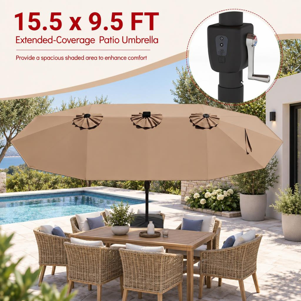 Airfind 15.5FT Extra-Large Patio Umbrella with Base 12 Reinforced Ribs, 180G Polyester Fabric Metal External Frame, Brown