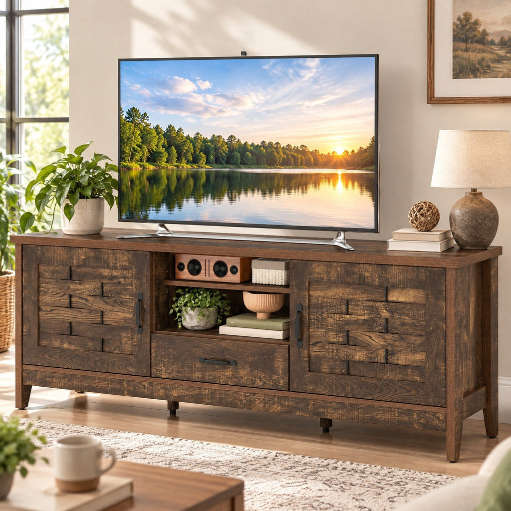 Airfind TV Stand, Farmhouse, for 65 Inch TVs with 2 Woven Accent Doors and 3 Adjustable Shelves, 110 lbs Capacity, Engineered Wood MDF Frame, Brown