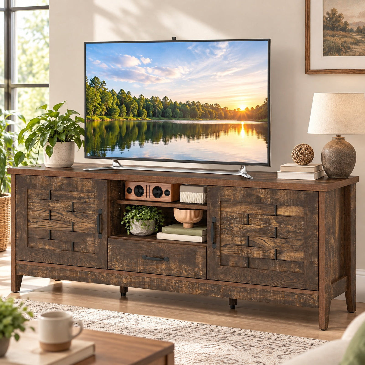Airfind TV Stand, Farmhouse, for 65 Inch TVs with 2 Woven Accent Doors and 3 Adjustable Shelves, 110 lbs Capacity, Engineered Wood MDF Frame, Brown