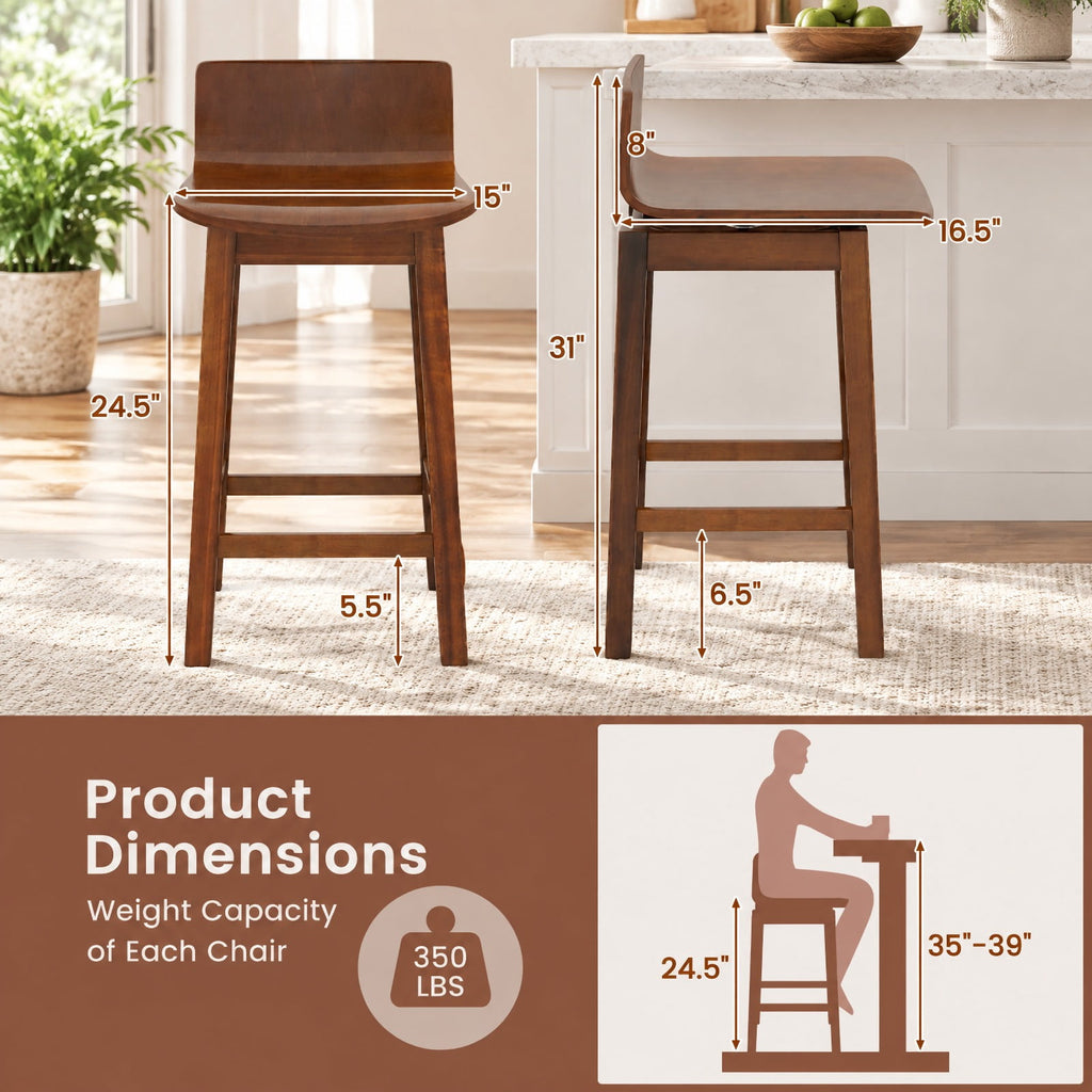 Airfind 24.5 Inch Swivel Wooden, Bar Stools Set of 2 with Rubber Wood Legs and Low Back, 350 lbs Capacity, Rubber Wood Plywood Frame, Walnut