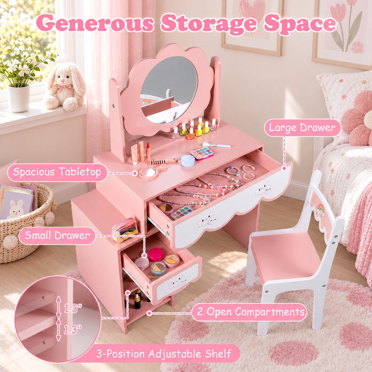 Airfind Kids Vanity Set with 360° Rotating Mirror Chair for Girls, 110 lbsChair Capacity, Engineered Wood GlassTable Frame, Pink