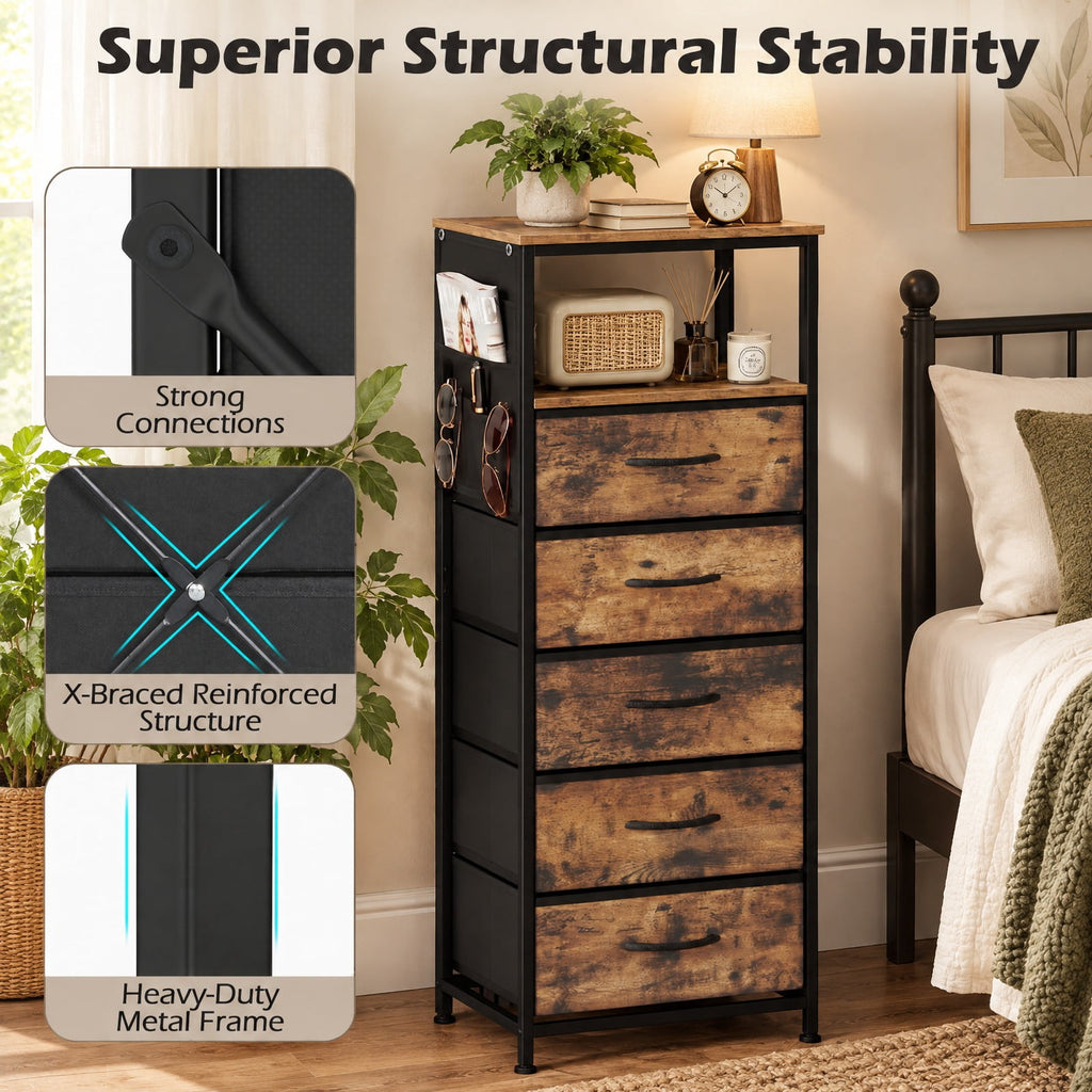 Airfind Nightstand with Integrated Charging Station 39 Inches Modern Bedside Table, 56 kg/123.5 ls Capacity, Metal MDF Non-Woven Fabric Frame, Brown