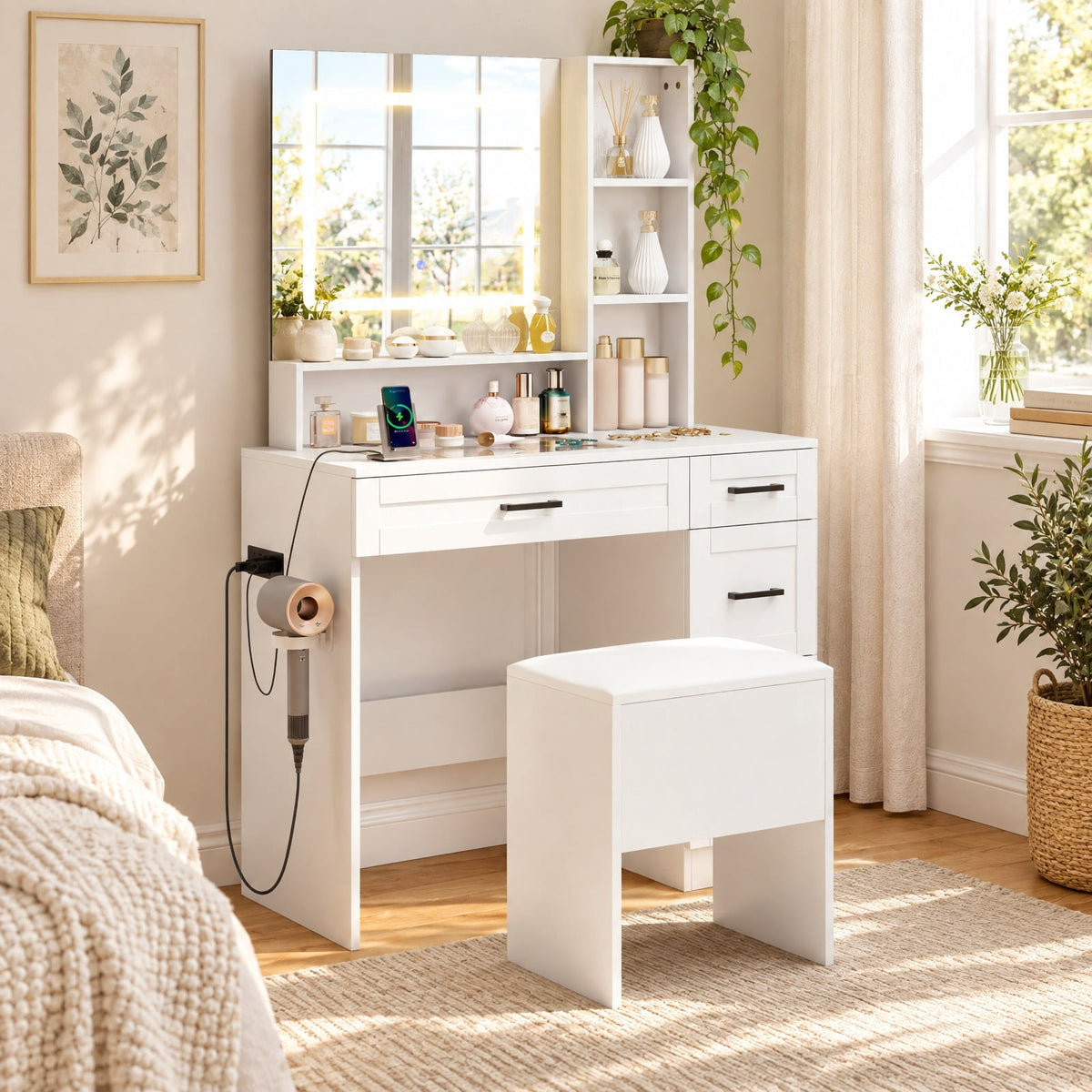 Airfind Vanity Stool Flip Top Storage Stool with Soft Padded Seat, 220 lbs Capacity, Oxford Fabric Frame, White