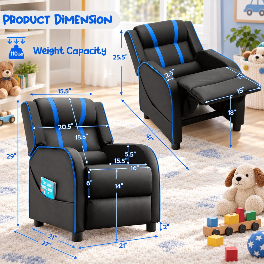 Airfind Kids Recliner Chair with Side Pockets and Footrest, 110 lbs Capacity, Sponge PU leather wood steel plastic Frame, Blue