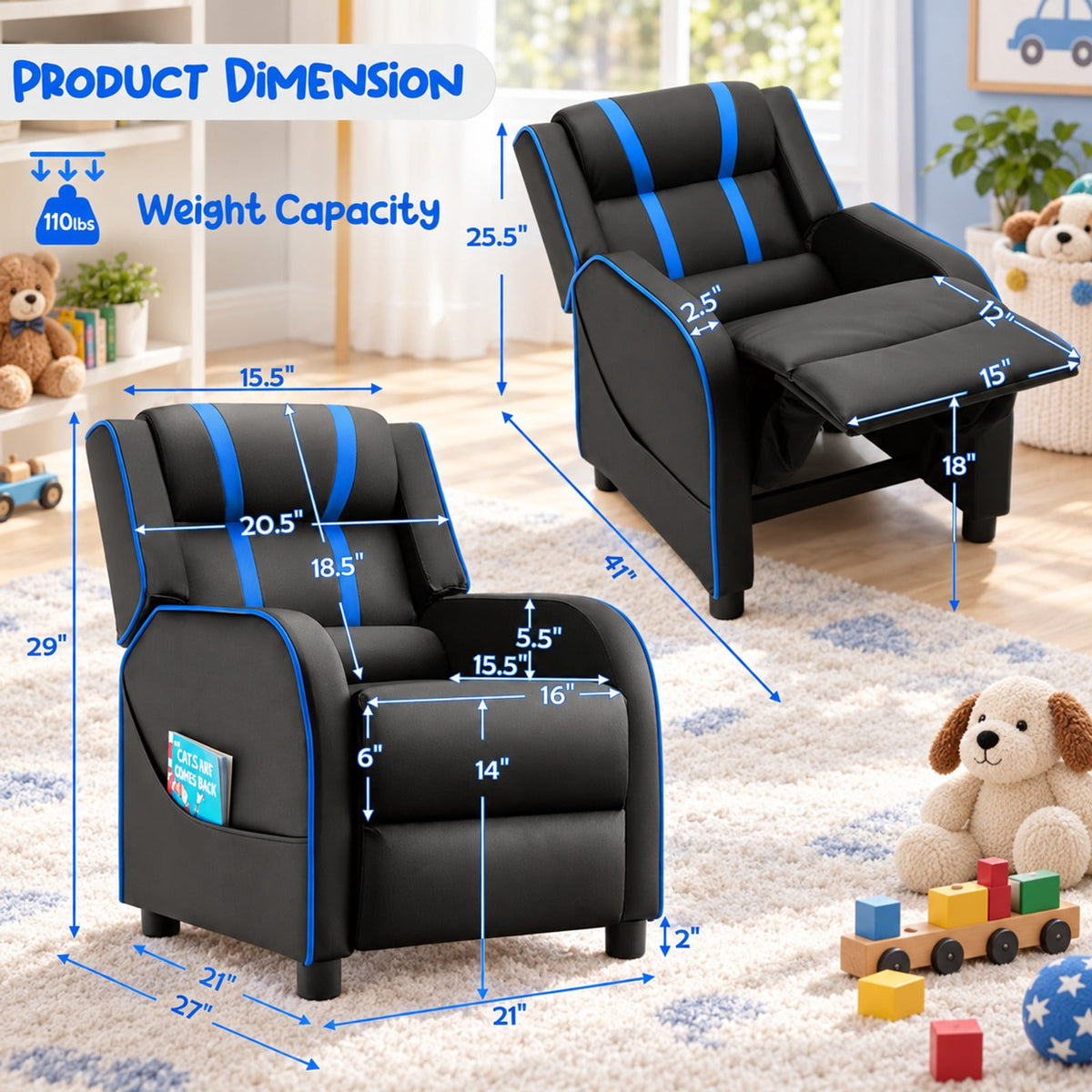Airfind Kids Recliner Chair with Side Pockets and Footrest, 110 lbs Capacity, Sponge PU leather wood steel plastic Frame, Blue