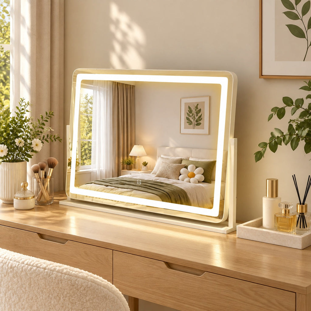 Airfind 32 x 22 Inch Large Makeup Vanity Mirror with 3-Color Lighting Mode, Copper-free Silver Mirror Aluminum Metal MDF Frame, White