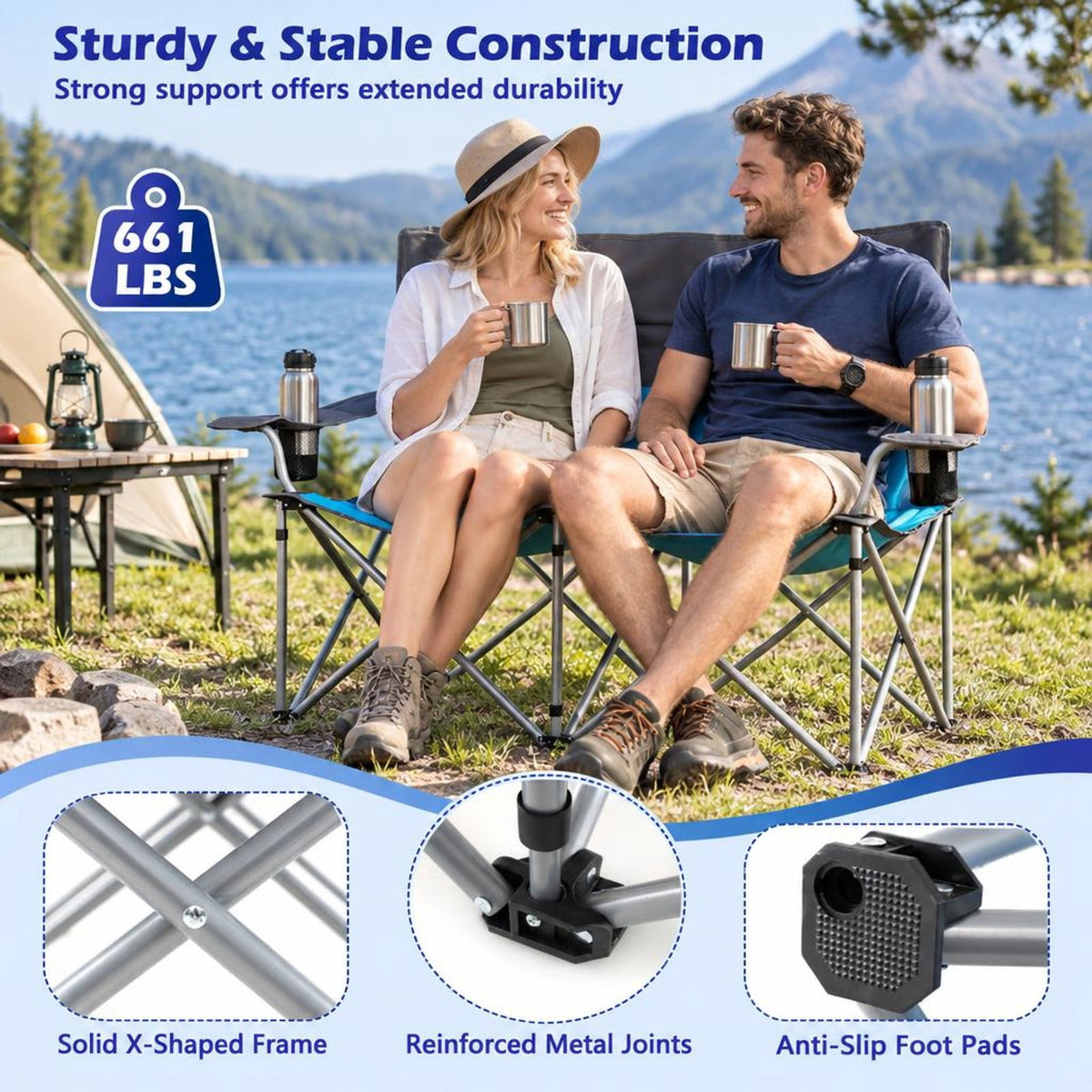Airfind Double Camping Chair with Carry Bag Cup Holders, 660 lbs Capacity, Metal Oxford Fabric Sponge, 40 Inch x 20.5 Inch x 36.5 Inch , Blue