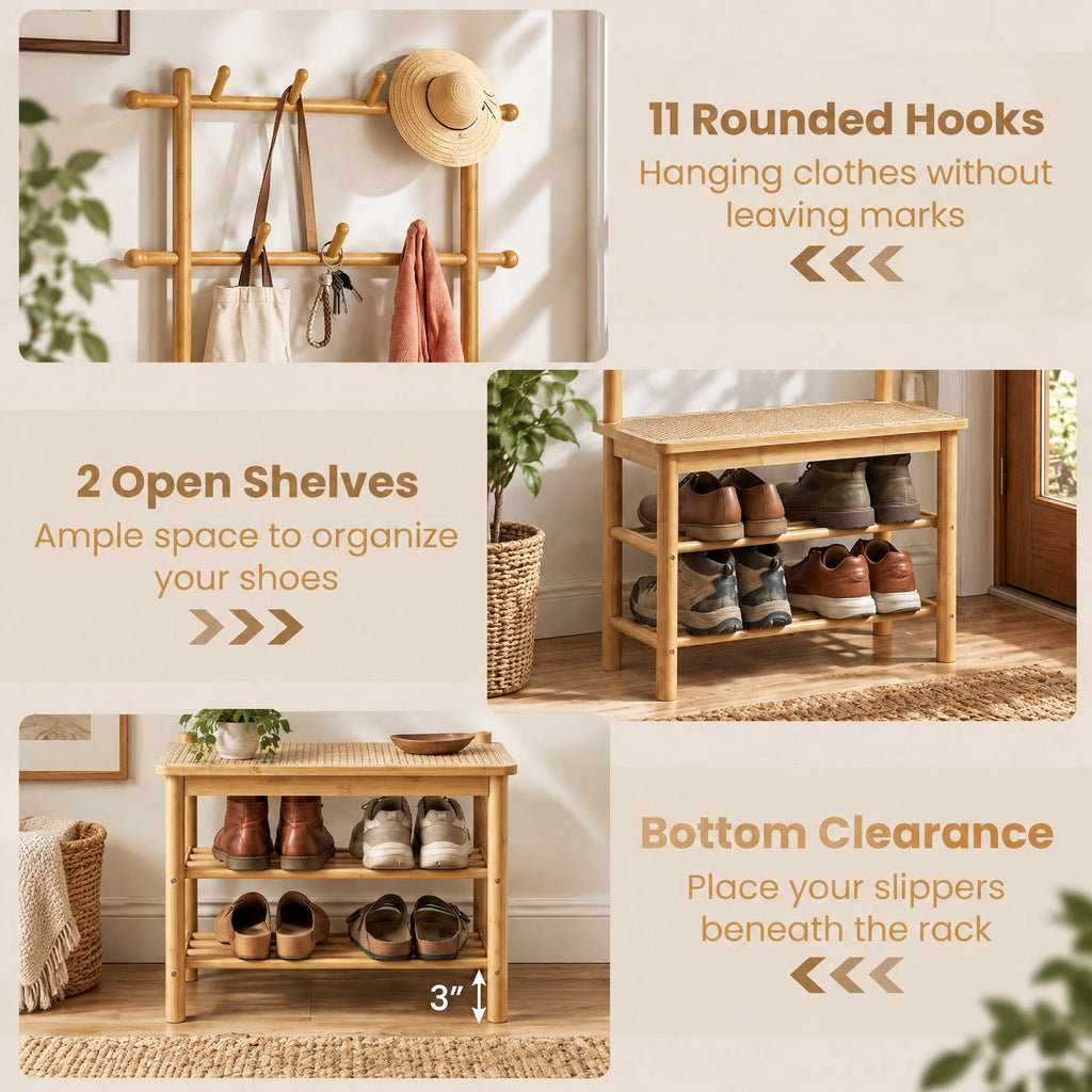 Airfind Bamboo Coat Rack PE Rattan Hall Tree with Bench and Shoe Storage 3-In-1 Entryway Bench, 11 Lbs Capacity, Bamboo PE Rattan, Natural
