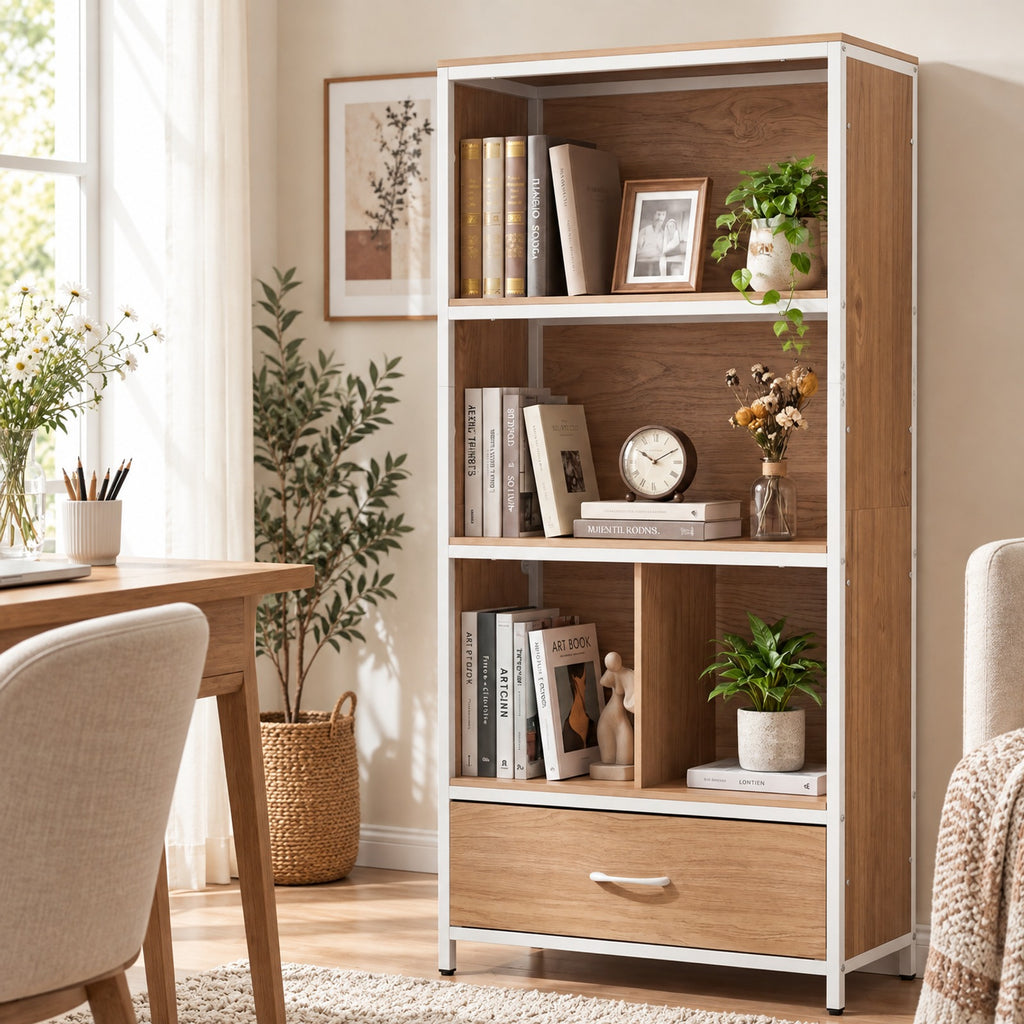 Airfind 56in Tall Freestanding Bookcase with Drawer 5 Tier, 44 lbs Capacity, Engineered Wood Metal Frame, 27in x 12in x 56in Footprint, Natural