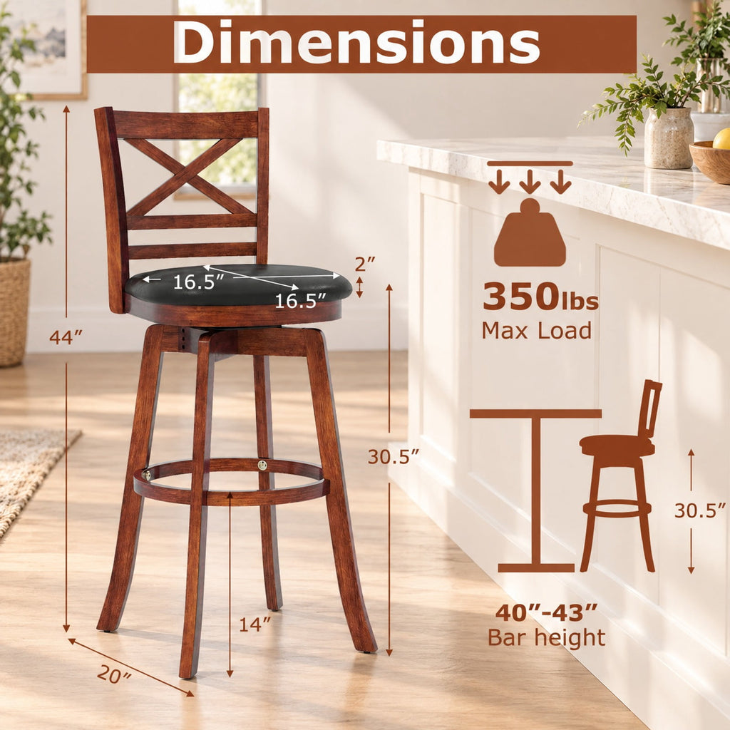 Airfind Swivel Barstools Set of 2 with Backrest and Footrest-29 Inches, 350 lbs Capacity, Rubberwood PU MDF Sponge Frame, Antique Walnut + Black