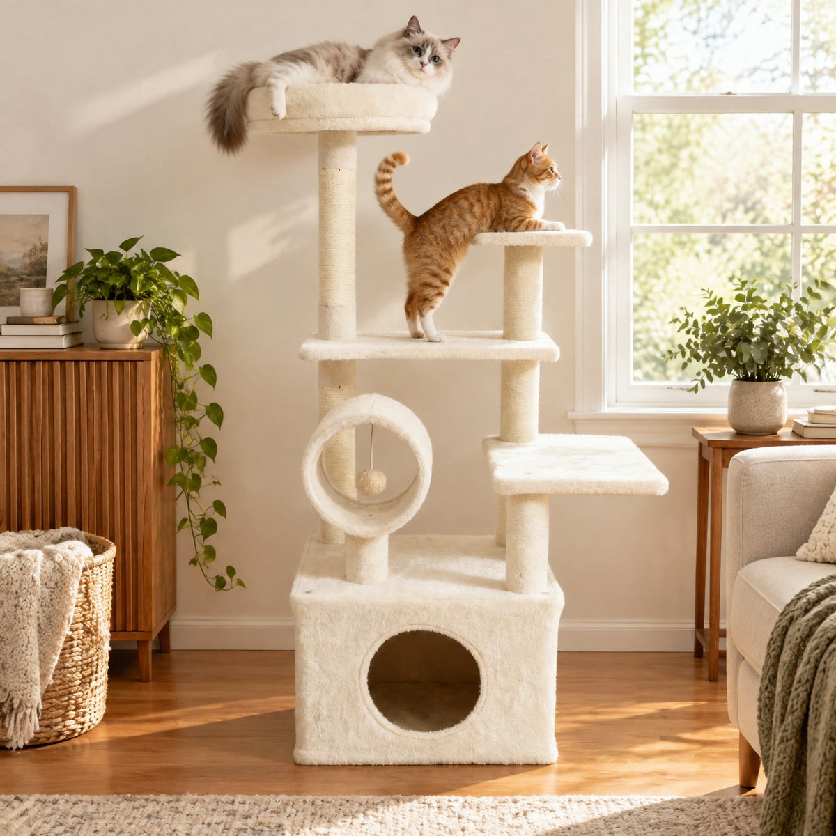Airfind 48 Inches Tall Cat Tree Multi-Level Kitten Tower with Large Condo Padded Top Perch, Engineered Board Plush Sponge Jute Frame, Beige