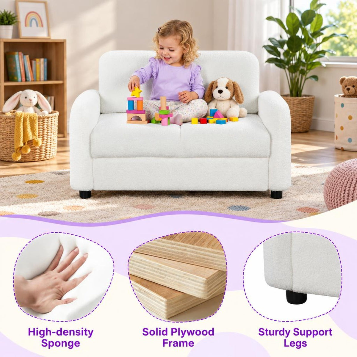 Airfind 2-Seat Kids Sofa Toddler Sofa Couch with Soft Teddy Fleece Upholstery and Solid Wooden Frame, 330 lbs Capacity, for 3+ Years Old, White