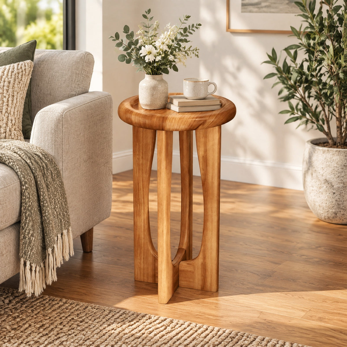 Airfind 14 Inch Farmhouse End Table with Round Tray Top and Wood Cross Legs, 110 lbs Capacity, Mahogany Wood Frame, 14 x 14 x 23.5 Footprint