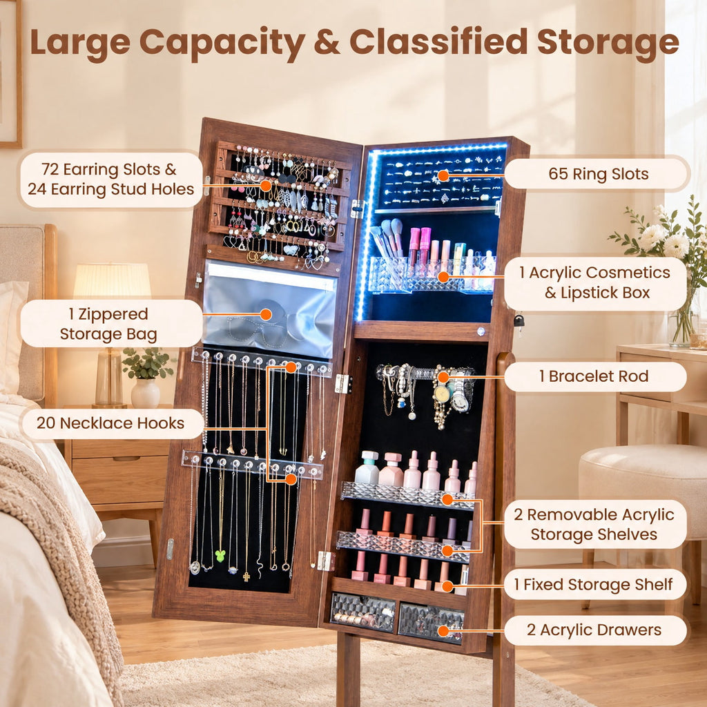 Airfind Lockable Jewelry Armoire Standing Cabinet with Lighted Full-Length Mirror, MDF Glass Acrylic Frame, 16 x 15 x 59.5 External Footprint