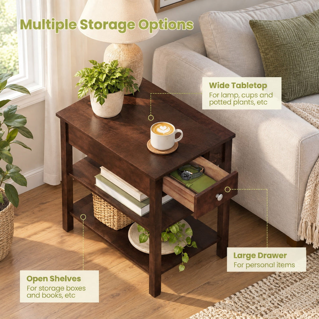 Airfind 3-Tier Narrow End Table with Drawer and Storage Shelves Set of 2, 210 lbs Capacity, MDF Rubber Wood Frame, Walnut
